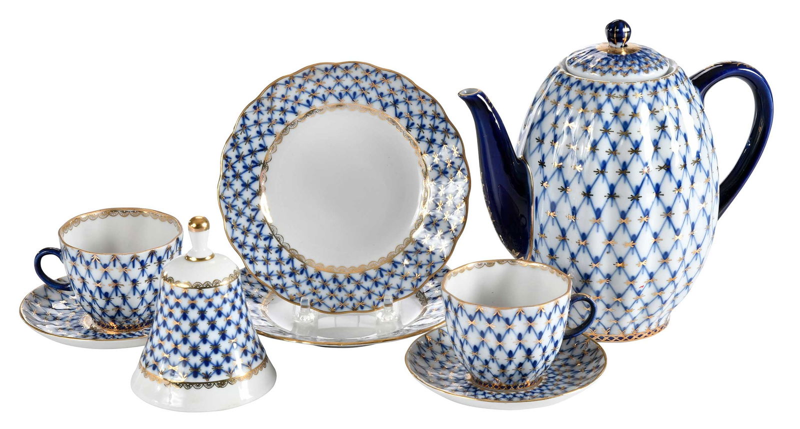 Eight Piece Russian Imperial Porcelain Factory Lomonosov Coffee Service in Cobalt Net, Jimmy Carter (1 of 8)
