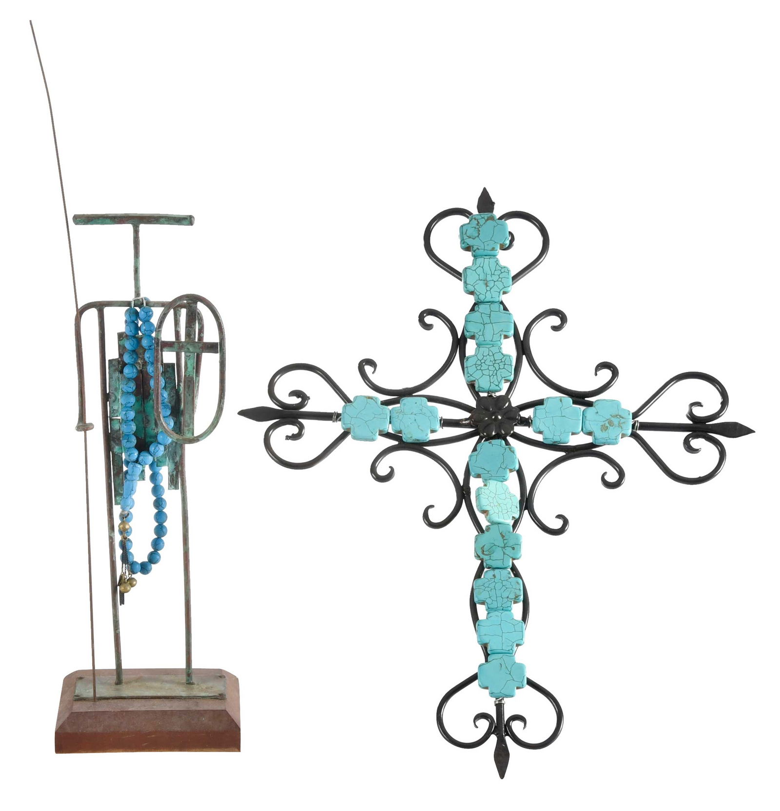 Two Turquoise Adorned Decorative Objects, Jimmy Carter Provenance: comprising: figural bronze statue with turquoise beaded necklace; wrought metal cross with turquoise appliques; larger 15 x 14-1/4 x 3 in. Provenance: The Estate of Jimmy and Rosalynn Carter