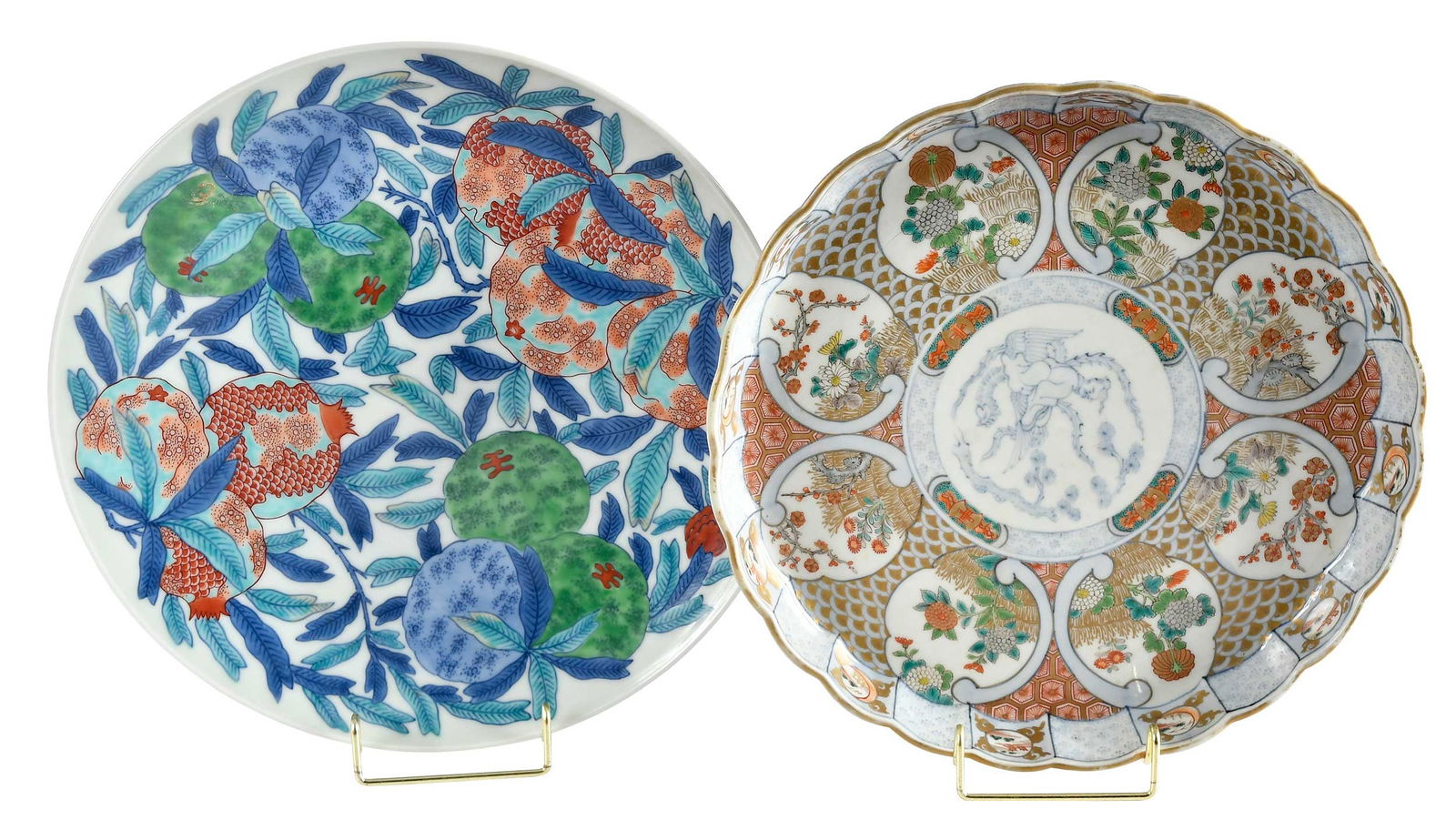 Two Large Japanese Porcelain Plates, Jimmy Carter Provenance: comprising: late 18th/19th century Imari example, 11-3/4 x 11-3/4 x 1-3/4 in., with wood box 4-1/2 x 13-1/8 x 13 in.; Nabeshima example, 12-3/8 x 12-3/8 x 1-3/4 in. Provenance: (lobed example) Odawara