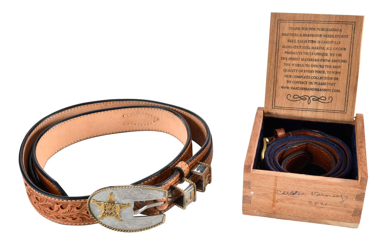 Two Mens Belts, Jimmy Carter Provenance: R.P. Megar personalized western belt in embossed foliate leather, with Secret Service belt buckle and "JC" initialed belt loops, labeled size 38, 37-1/2 in. to center hole; Smathers & Branson needlewo