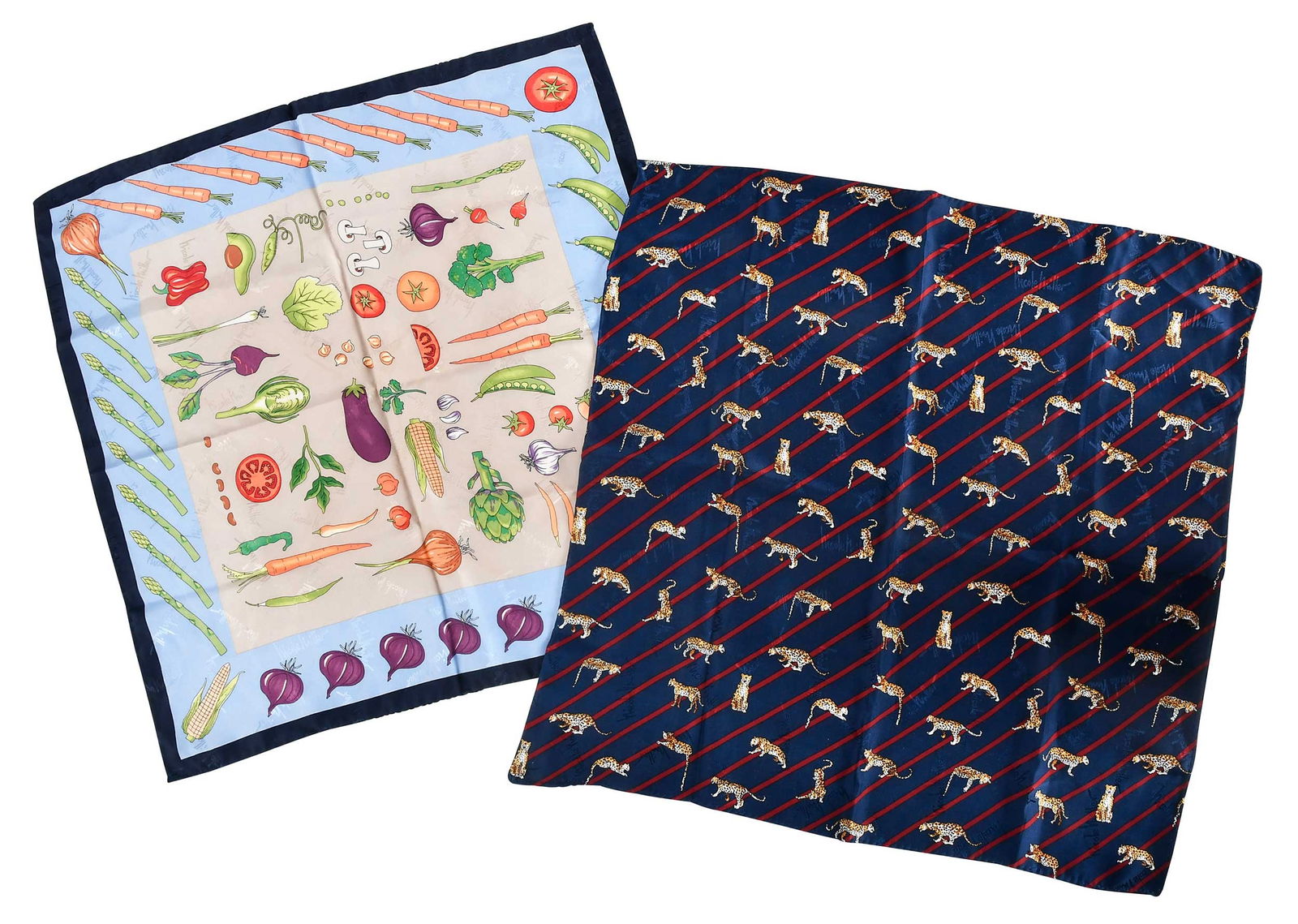 Two Nicole Miller Silk Pocket Squares, Jimmy Carter Provenance: New York, one with vegetable motif, the other with leopard motif, both 20 x 20 in. Provenance: The Estate of Jimmy and Rosalynn Carter