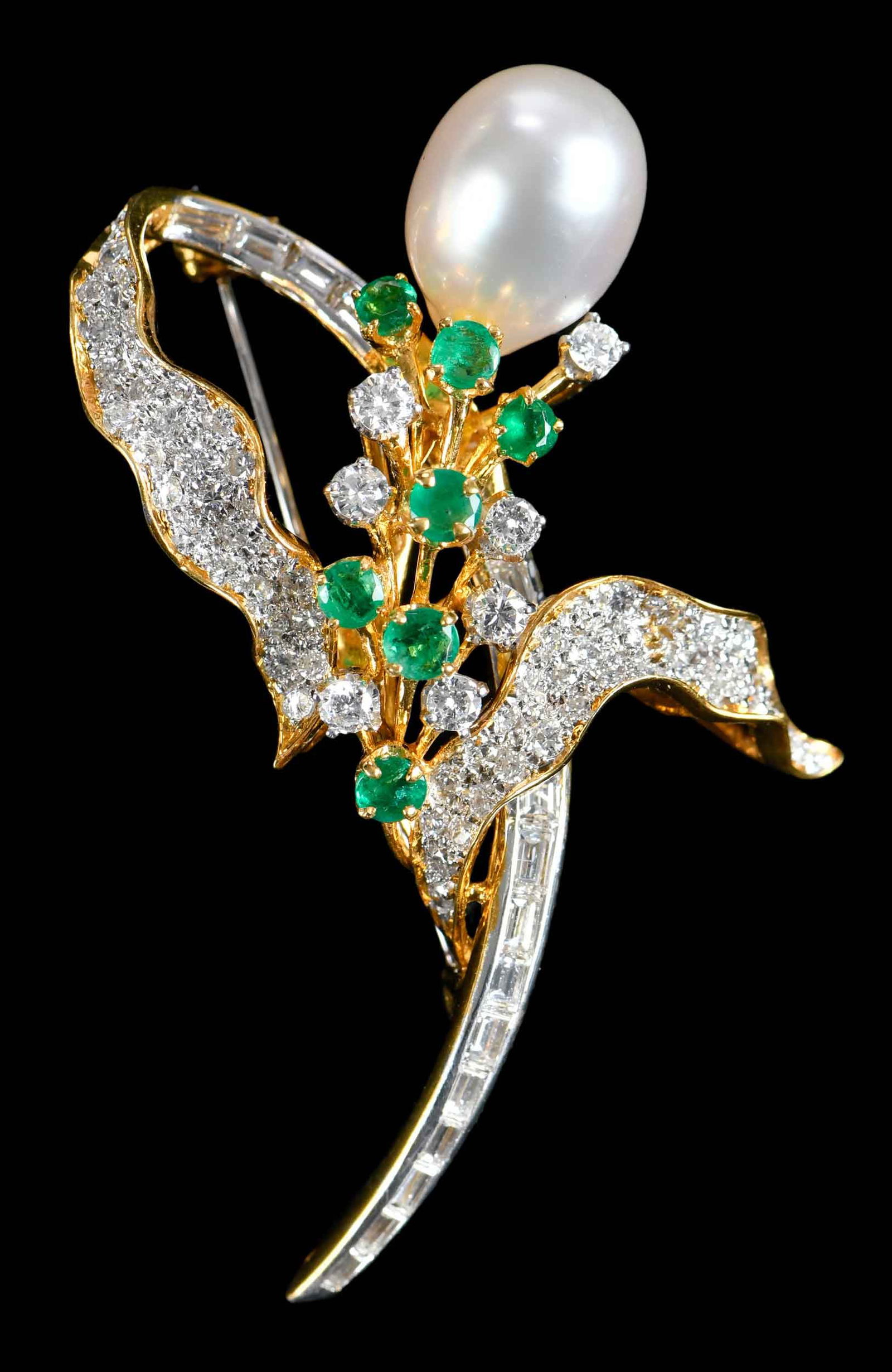 18kt. Pearl, Emerald and Diamond Floral Form Brooch, Rosalynn Carter Provenance (1 of 7)