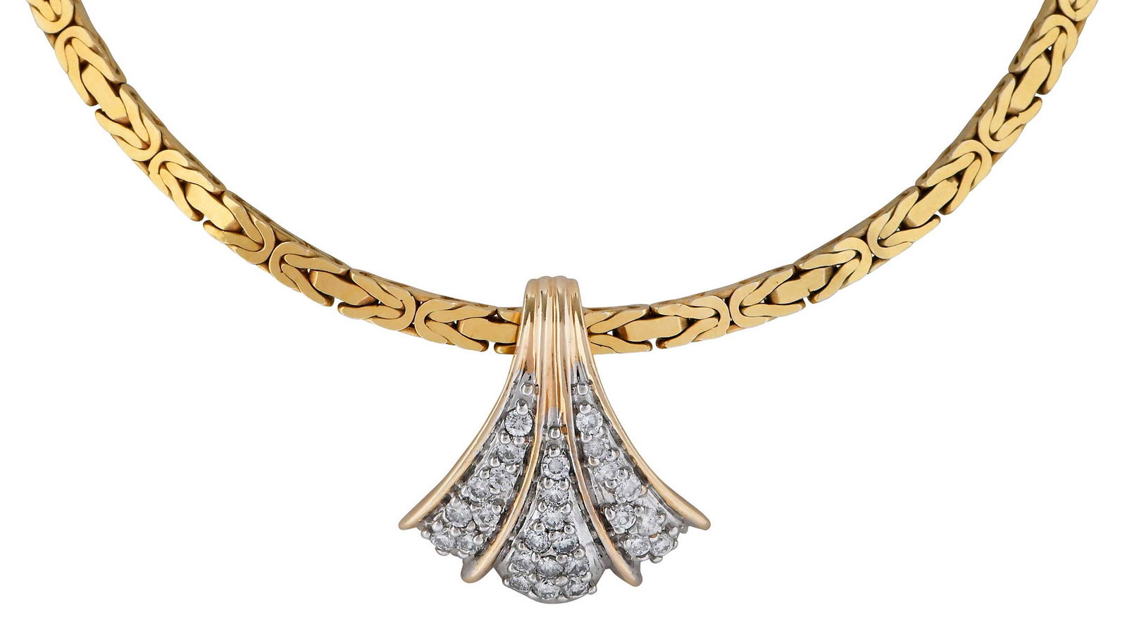 14kt. Diamond Fan Style Pendant on Chain, Rosalynn Carter Provenance: 27 round full cut diamonds, approx. 0.27ctw., marked "ALA" tests 14kt. yellow gold, square Byzantine chain, marked "ITALY, 14K", yellow gold, 3.0mm width, 18 in. length, 27.3 g Provenance: The Estate