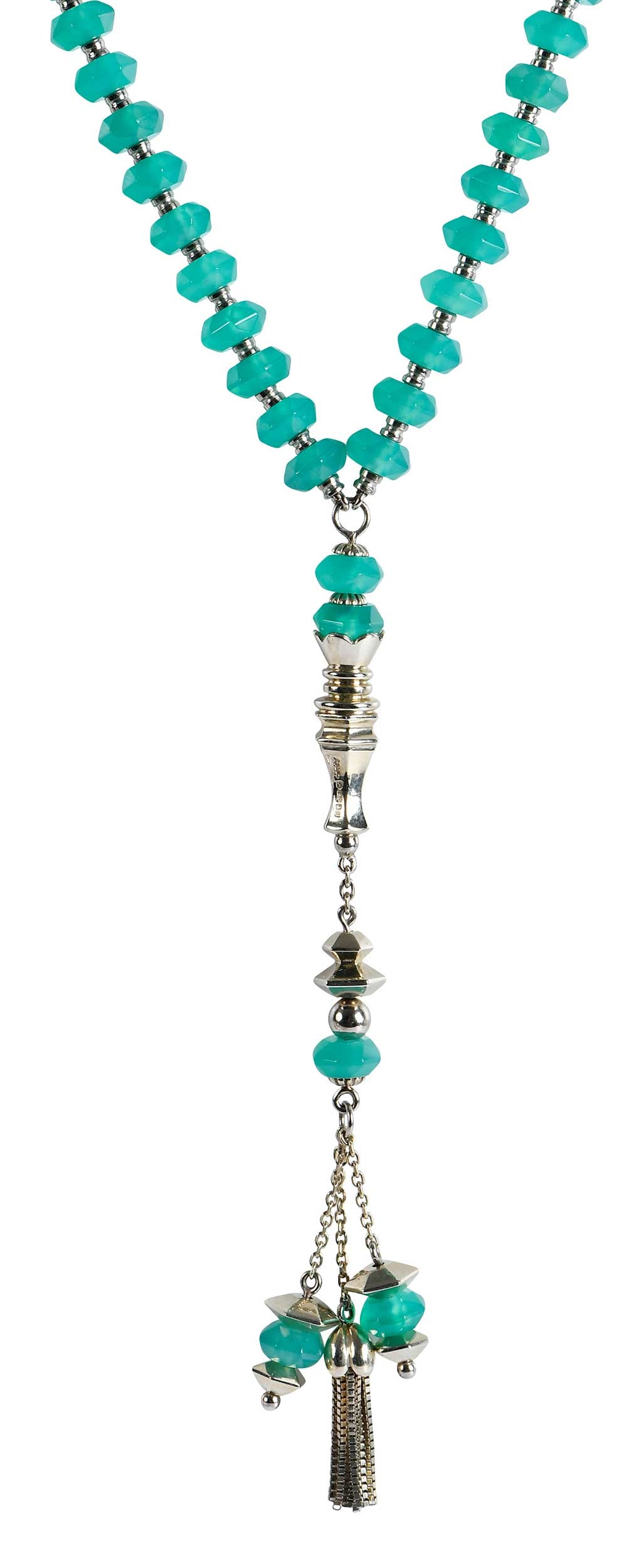 18kt. Vintage Chrysoprase Lariat Style Necklace, Rosalynn Carter Provenance: rondelle beads, approx. 7.0 - 7.5mm, pillar style attaches the drop, marked "750," white gold, approx. 24 in. length with drop, 48.2 g Provenance: The Estate of Jimmy and Rosalynn Carter Note: Brunk A