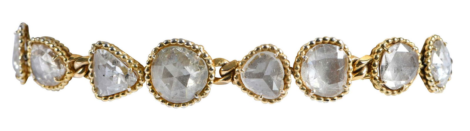 18kt. Rose Cut Diamond Link Bracelet, Rosalynn Carter Provenance: 14 rose cut diamond slices, assorted shapes, marked "18Kt", yellow gold, 7-1/4 in. length, approx. 10.5mm widest area, 18.6 g Provenance: The Estate of Jimmy and Rosalynn Carter Note: Brunk Auctions m