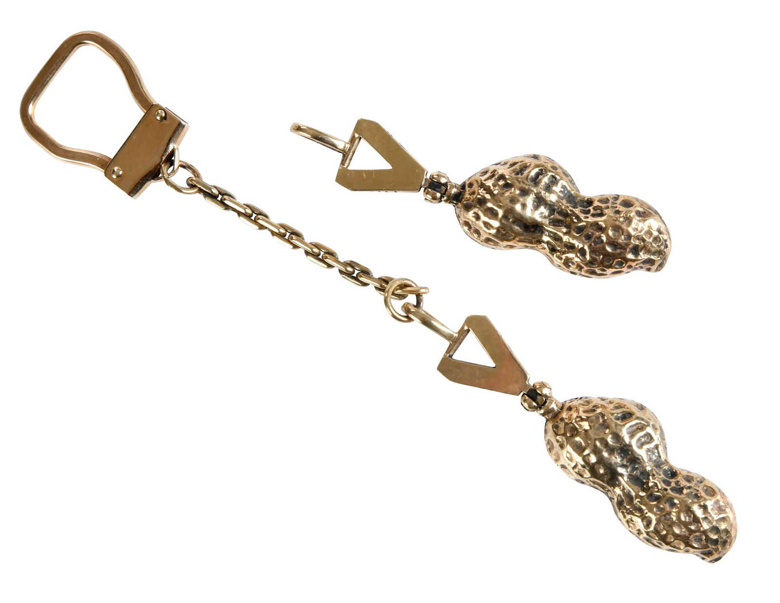 14kt. Peanut Key Chain, and Pendant, Jimmy Carter and Rosalynn Carter Provenance: engraved "Jimmy Carter" on back, 4-3/4 in. length; engraved "Rosalynn Carter", 2-1/4 in. length, both are marked "14K", yellow gold, 28.7 g Provenance: The Estate of Jimmy and Rosalynn Carter Note: Br