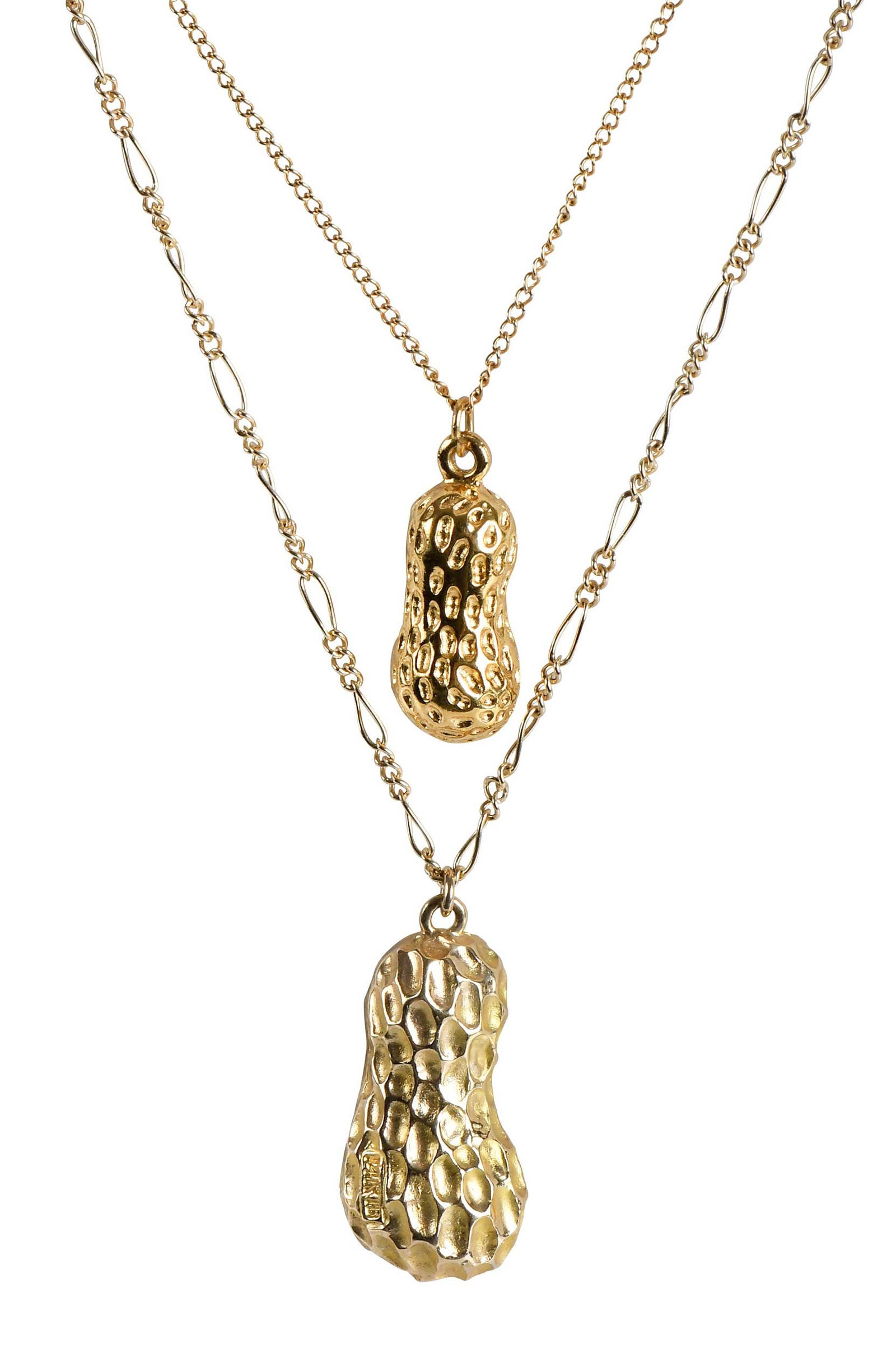 Two 14kt. Peanut Charms on Chain, Jimmy and Rosalynn Carter Provenance: 14kt. yellow gold peanut charm, 23.0mm length, 14kt. yellow gold Figaro link chain, 15 in. length, 7.2 g; 14kt. yellow gold peanut charm, 17.0mm length, 12kt. gold filled chain, 18 in. length, 4.0 g P