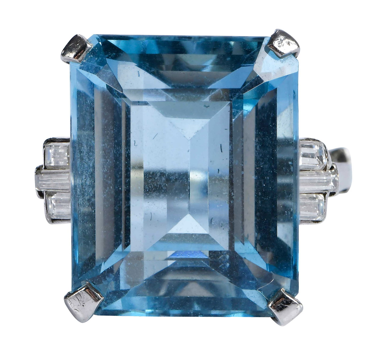 14kt. Aquamarine and Diamond Ring, Bush Family Provenance: rectangular step cut aquamarine, approx. 17.00ct., six straight baguette cut diamonds, approx. 0.40ctw., tests 14kt. white gold, 7 ring sz., 8.1 g Provenance: Estate of Flora Bush Jansing, First Cousi