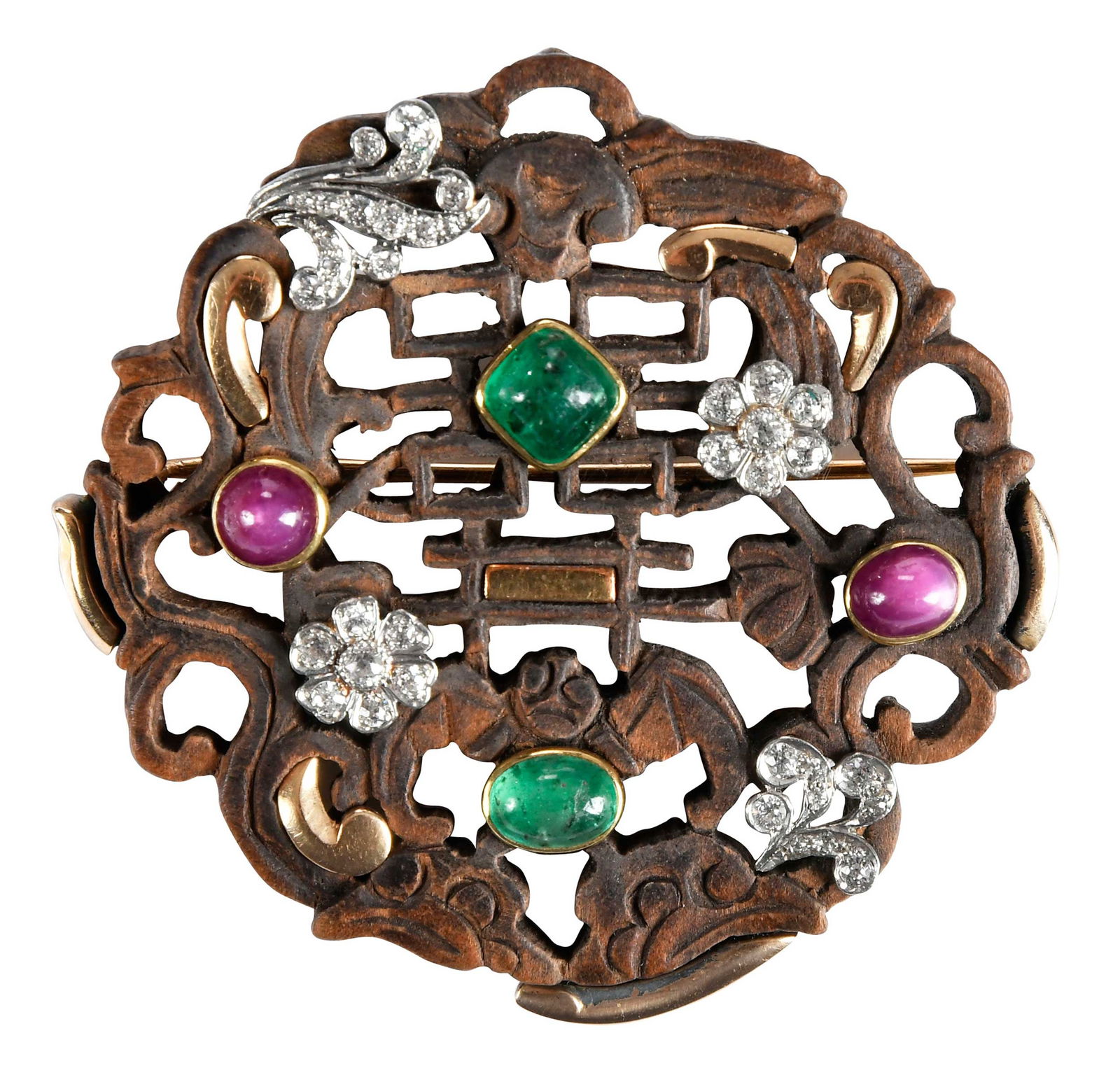 14kt. Antique Diamond and Gemstone Carved Wood Brooch, Bush Family Provenance (1 of 6)