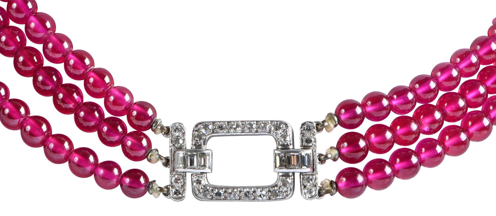 Palladium Diamond and Three Row Ruby Bead Necklace, Bush Family Provenance: round single cut and straight baguette cut diamonds, ruby beads, graduating in size, approx. 3.5 - 5.0mm, tests palladium, 16-1/2 in. length, 70.9 g Provenance: Estate of Flora Bush Jansing, First Cou