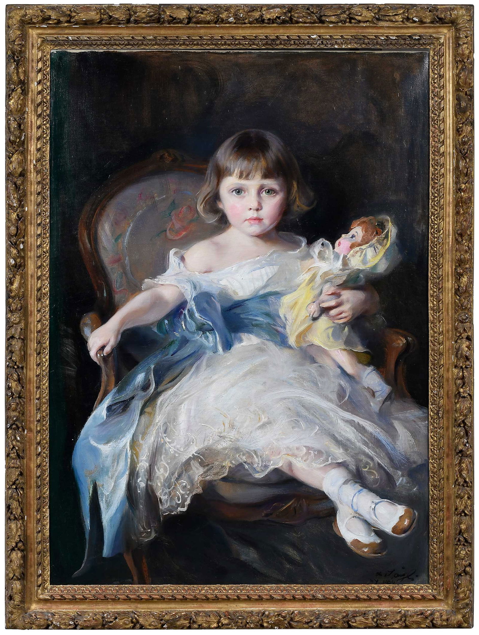 Philip de Laszlo, Henrietta Lowe Bush, New York, Bush Family Provenance: (British/Hungarian, 1869-1937) Full length, seated in a chair and holding a doll (D.L.A.T. no. 110664), 1934, signed and inscribed lower right "de Laszlo/N.Y. 1934", oil on canvas, 42-1/4 x 30 in.; 18