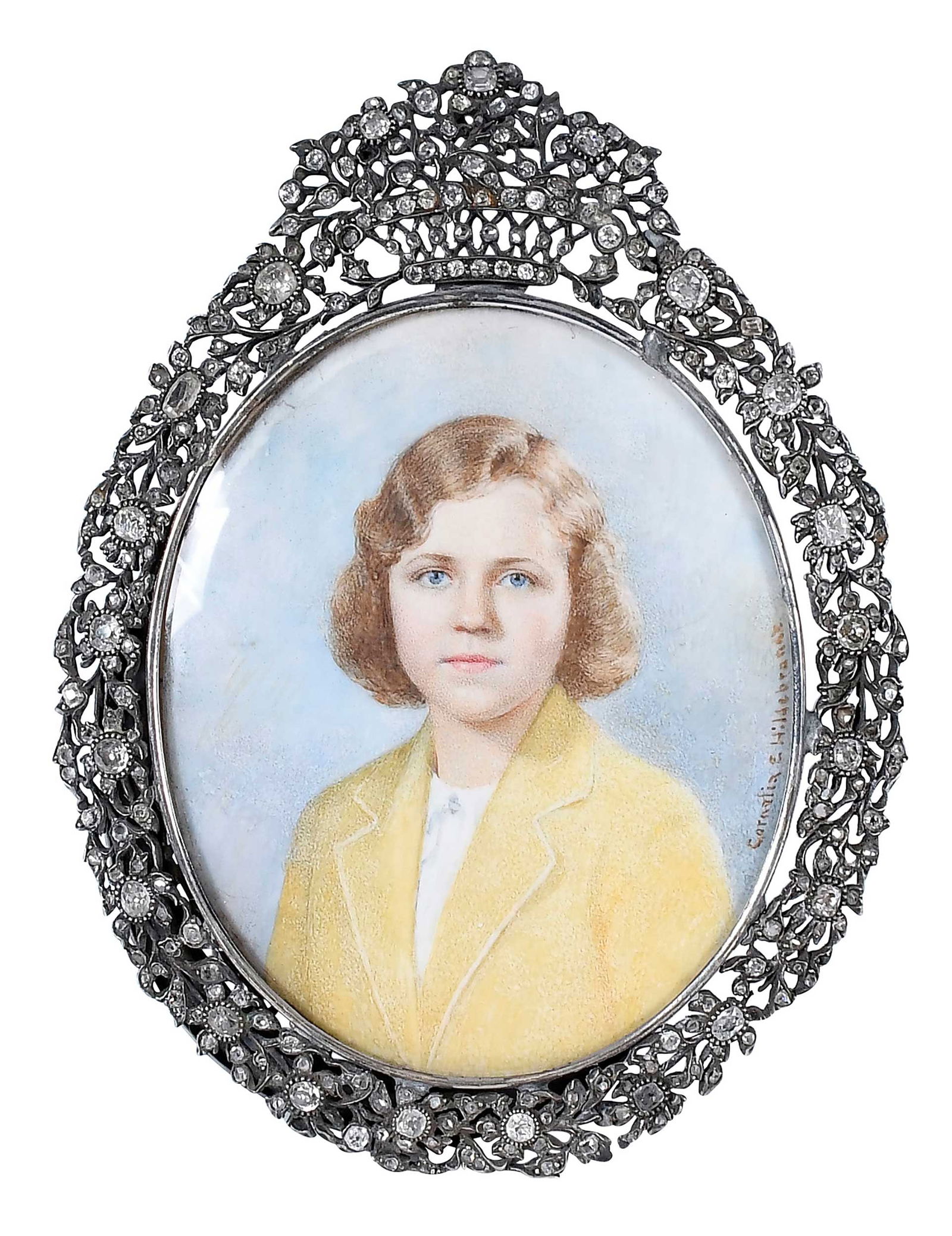 Cornelia Ellis Hildebrandt, Bush Family Provenance: Portrait of Henrietta Lowe Bush, signed at right side "Cornelia E. Hildebrandt", watercolor on ivory, 3-1/2 x 2-3/4 in.; silver frame encrusted with old cut diamonds, 5 x 3-3/4 in. Provenance: Estate