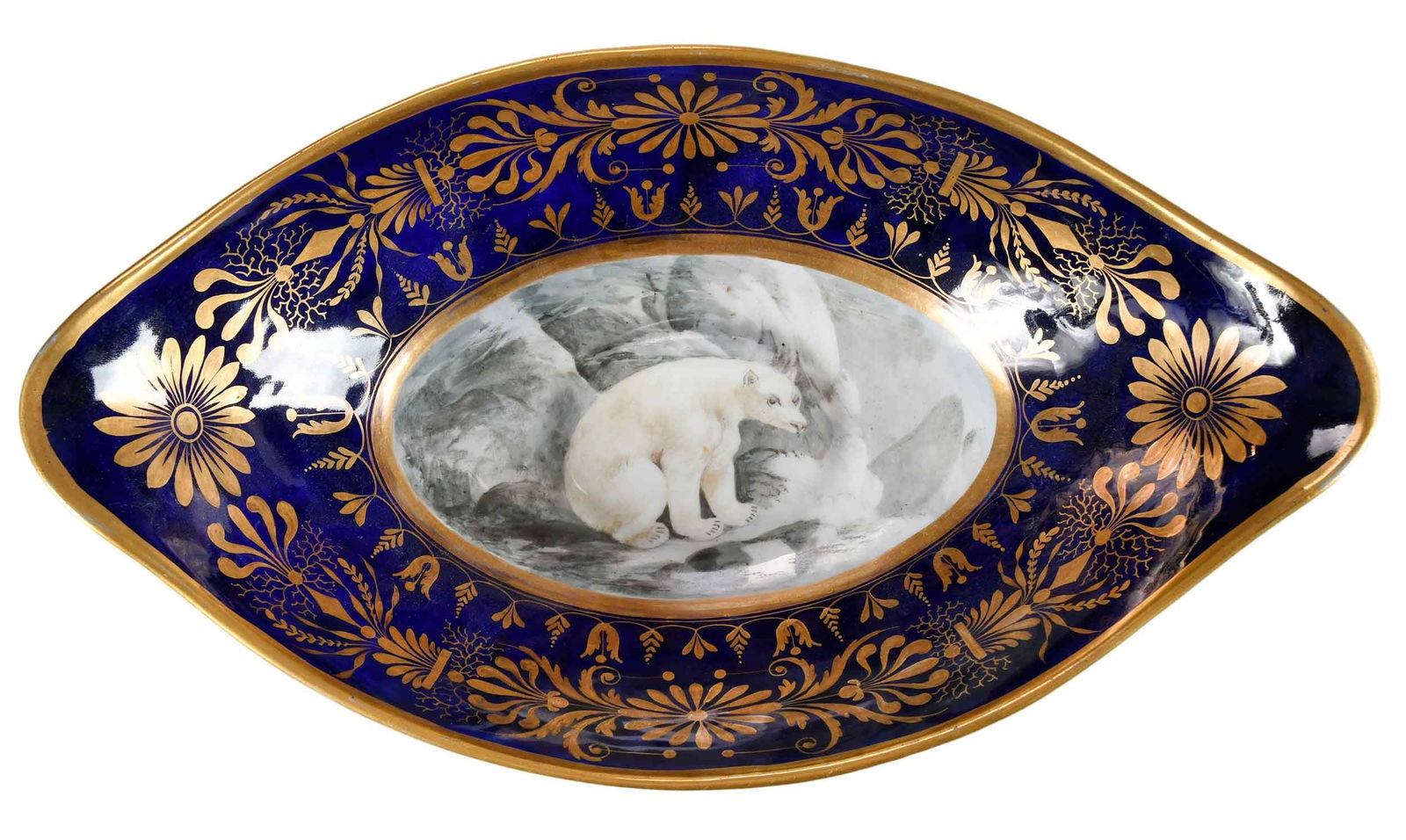 Rare Coalport Animal Service Porcelain Compote, Great White Bear, Bush Family Provenance: circa 1800-05, cobalt and gilt footed navette bowl centering hand painted vignette of polar bear on an arctic ground, titled in iron red to underside "the Great White Bear", 6-7/8 x 12-7/8 x 7-1/2 in.
