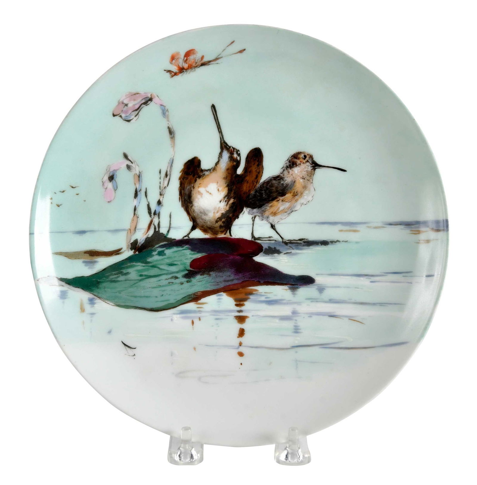Haviland Rutherford B. Hayes Enameled Porcelain Woodcock Plate: French, dated 1880, central landscape with woodcocks initialed "D.", the base with Great Seal of the United States and inscribed "Farbique par Haviland & Co..../Theo: R. David./Design Patented August