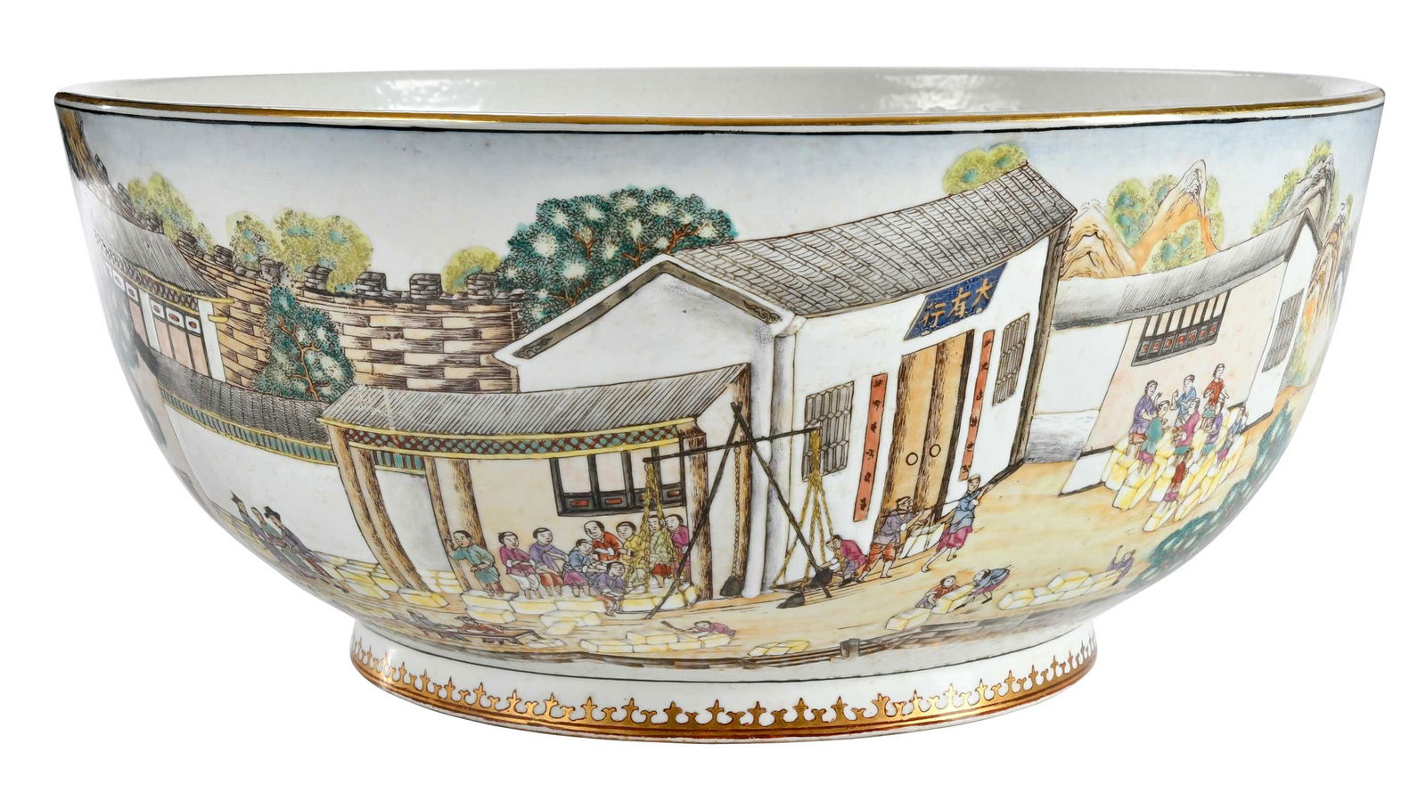 Large Chinese Porcelain Famille Verte Landscape Punch Bowl: Qing style, gilt and polychrome enamel decoration, featuring scenes of tea production and export, gilt spearhead border to foot, 7-1/8 x 16 x 16 in. Provenance: Private Collection, Manchester-by-the-S