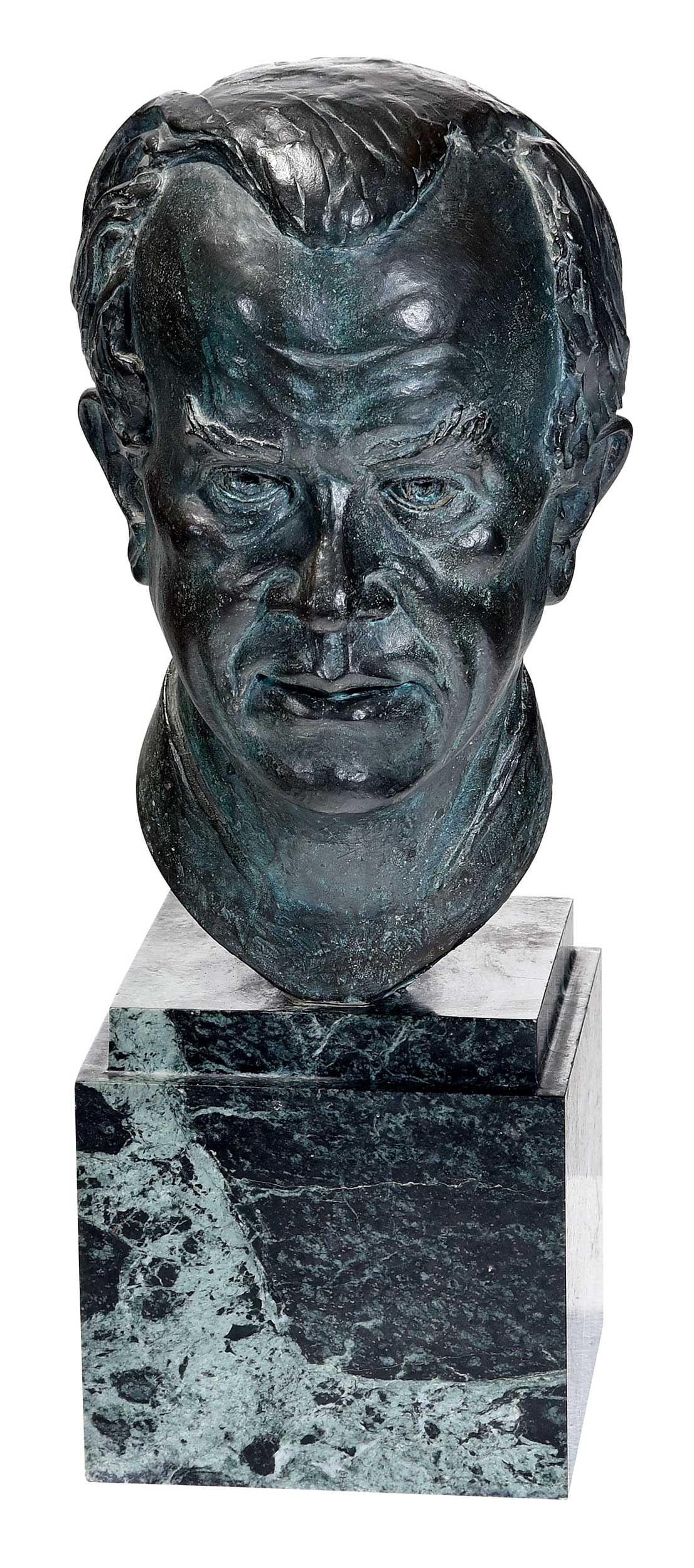 Peer Luise Stevens, Bust of Curator, Dr. Hereward Lester Cooke: (Washington, D.C., born 1937) Inscribed "Dr. Hereward Lester Cooke-Nat'l Gallery of Art-2.16.73-Peer L. Stevens", patinated bronze on green marble base, 23-1/2 x 10 x 10-1/2 in. Provenance: Estate of