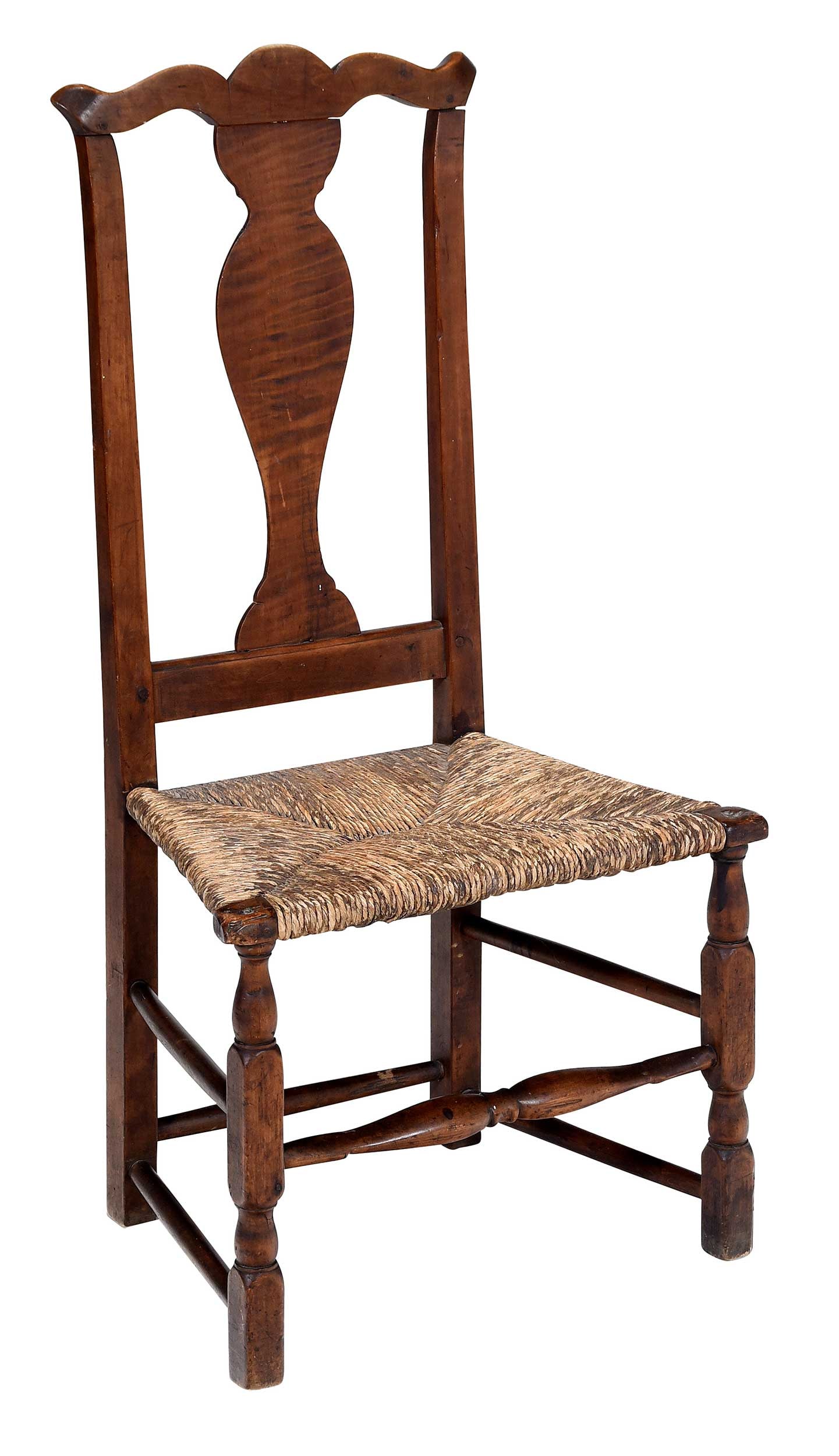 American Queen Anne Birch and Tiger Maple Rush Seat Side Chair: 18th century, birch frame and highly figured maple splat, eared crest rail, turned front legs and stretcher, 38-1/4 x 19-3/4 x 15 in., seat height Provenance: Private Collection, Manchester-by-the-Sea