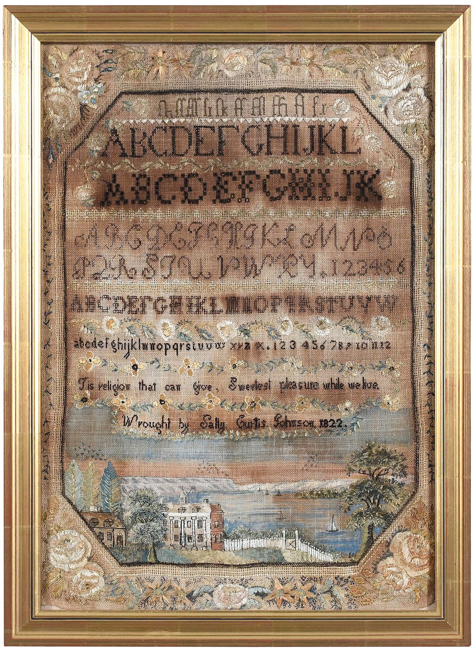 Rare Plymouth, Massachusetts Needlework Sampler with Mt. Vernon Imagery (1 of 8)