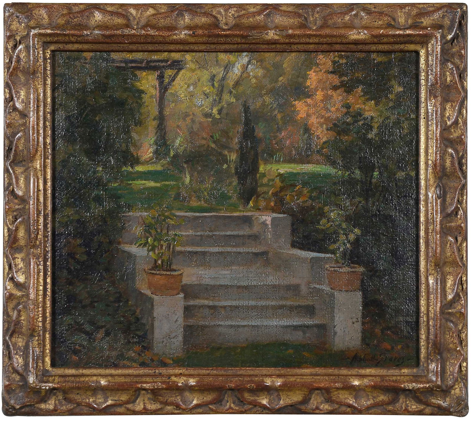 Abbott Fuller Graves: (American, 1859-1936)The Garden Steps, signed lower right "Abbott Graves", oil on canvas, 8 x 9-1/2 in.; carved gilt wood frame, 10 x 11-1/4 in.Provenance: Private Collection, Savannah, Georgia