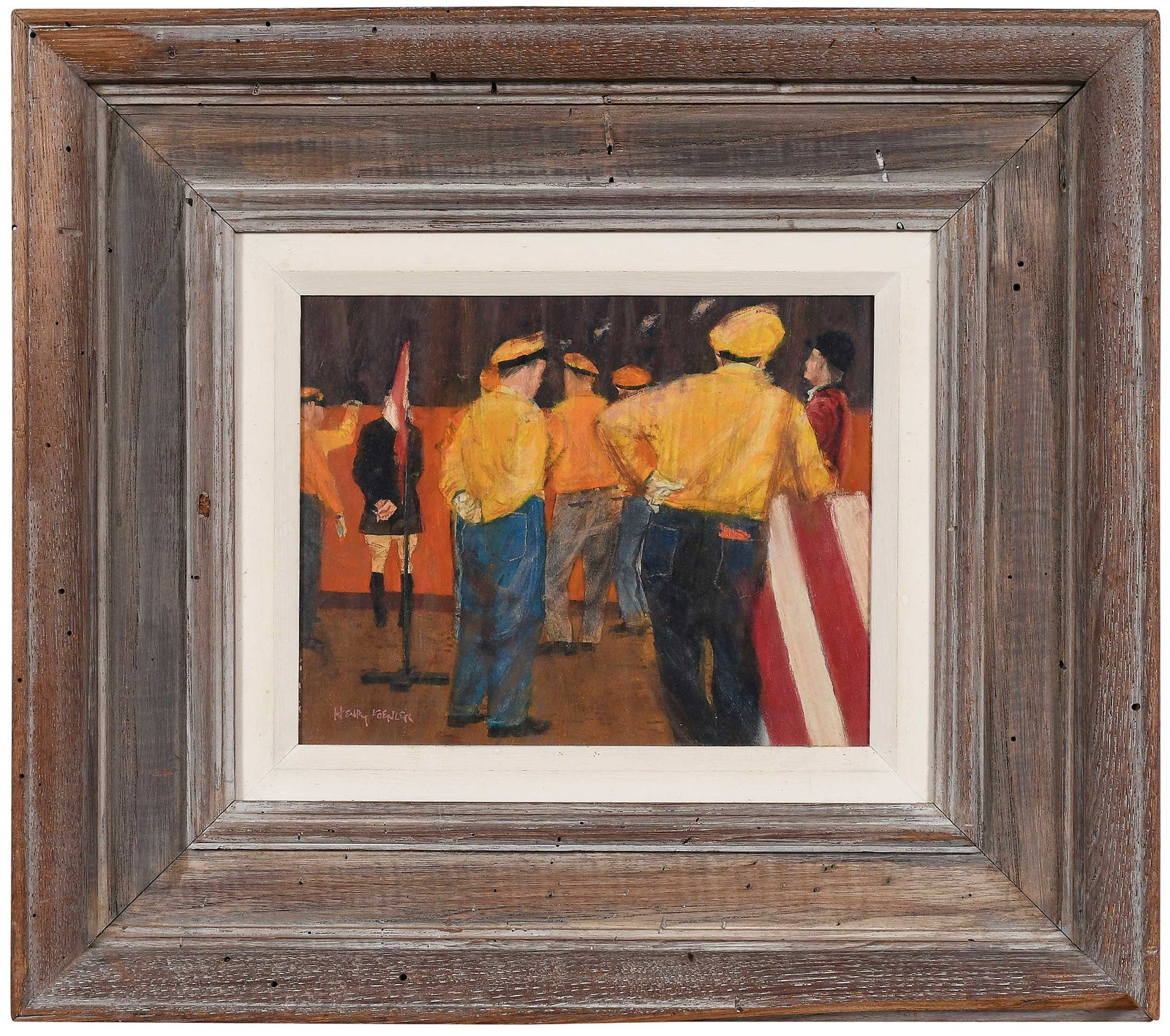 Henry Koehler: (American, 1927-2018)Horse Show Jump Crew, 1960, signed lower left "Henry Koehler", inscribed in pencil on backing verso "Horse Show Jump Crew/Henry Kohler 1960", oil on board, 8 x 10 in.; carved