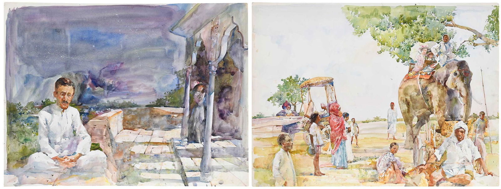Charles Clark Reid, Pair of Illustrations: (Connecticut/New York, 1937-2019)for E.M. Forster, A Passage to India, The Franklin Library, publisher, 1979, both initialed in pencil lower right "CR", watercolor and pencil on Bristol paper, sheets