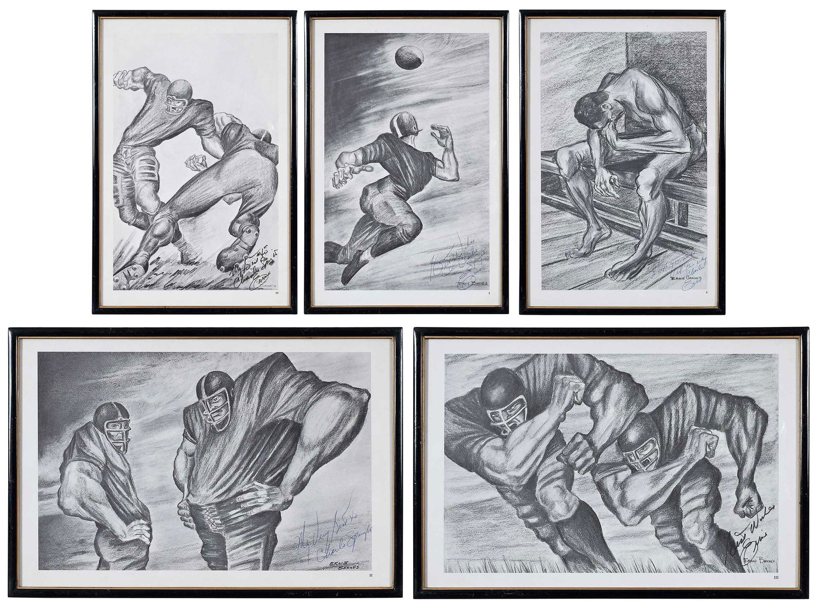 Set of Five Football Lithographs by Ernie Barnes: from A Portfolio of Football Art, five lithographs of football related drawings by former NFL player Ernie Barnes, plates are entitled "The Bomb", "Two Linemen", "The Pulling Guards", "The Hand Off",