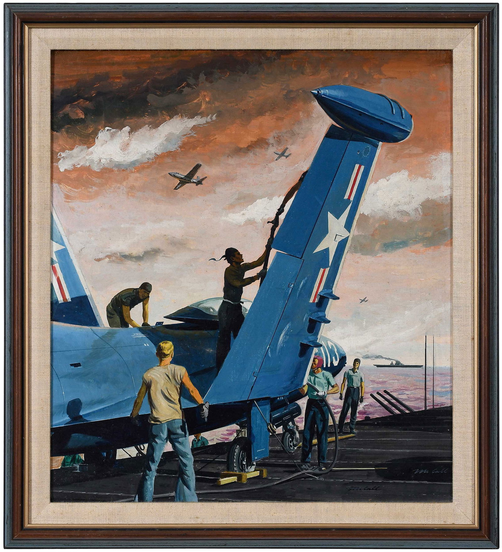 Robert McCall: (American, 1919-2010)Readying the Plane, signed twice lower right "McCall", oil on canvasboard, 18-1/2 x 16-1/2 in.; modern wood frame with linen liner; 21-1/4 x 19-1/2 x 3/4 in.Provenance: Acquired