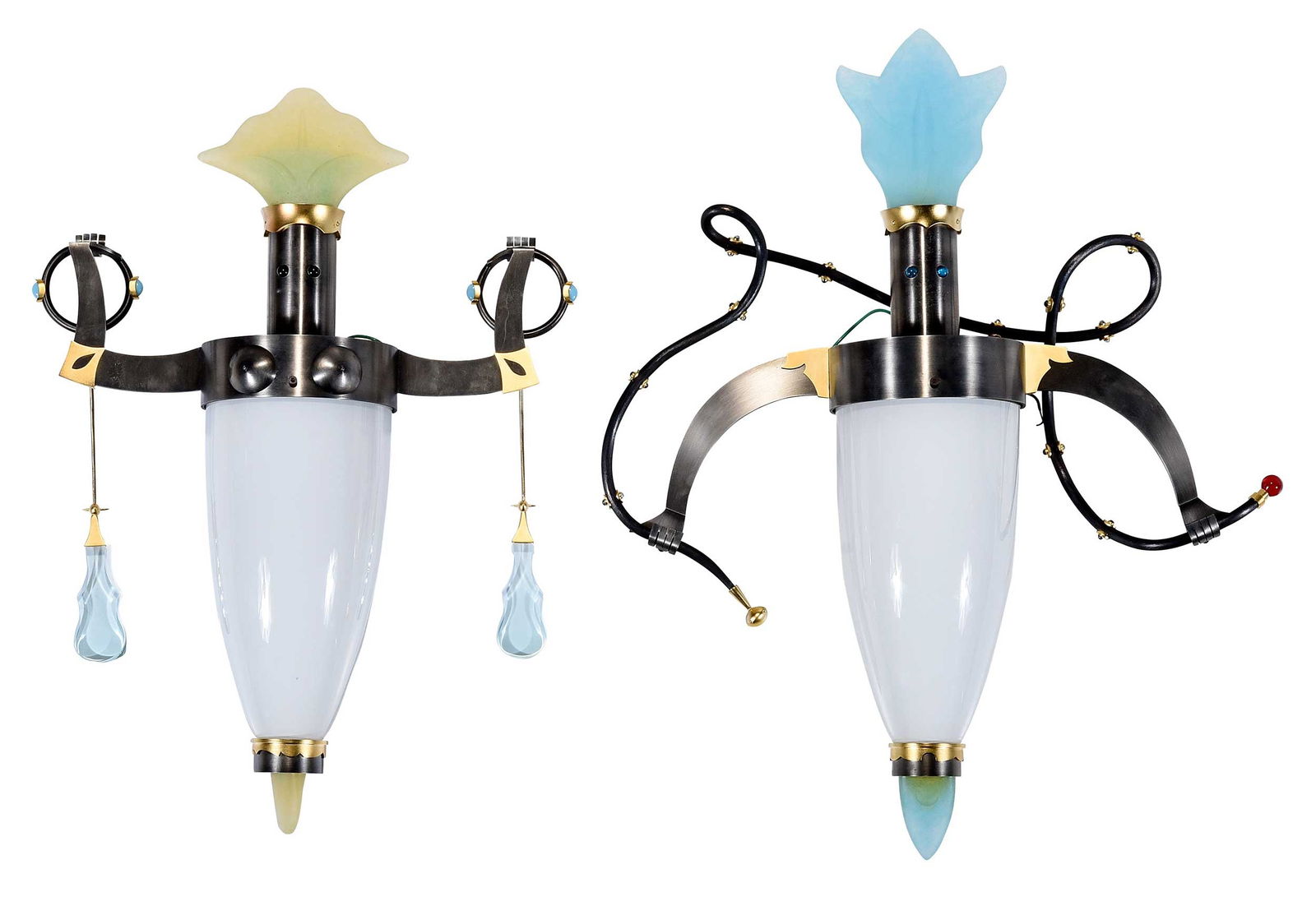 Pair of Dan Dailey Figural Sconces: (Massachusetts, born 1947)Woman with Violin Prisms and Man with Jeweled Rope, signed bottom center "Dan Dailey", patinated nickel and 24K gold plated bronze, blown glass shades and bodies, pate de