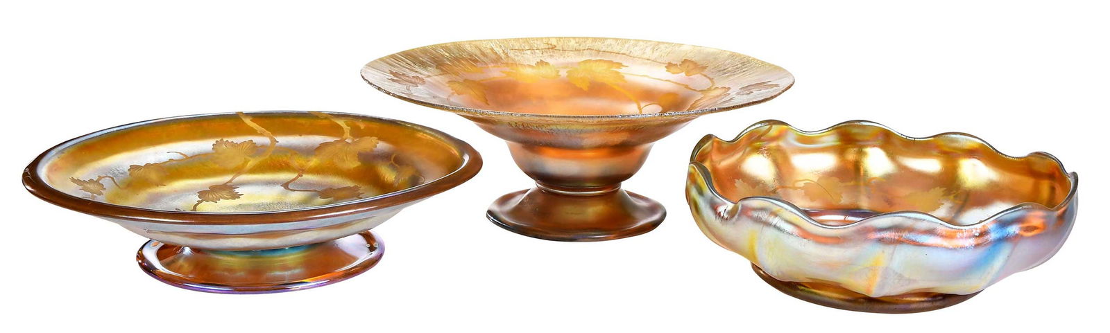 Three Tiffany Favrile Glass Bowls with Etched Grapevine Motifs (1 of 9)