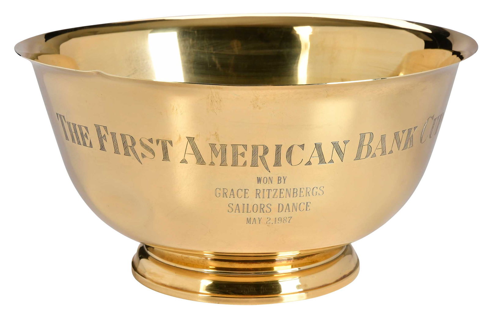 Gorham Gilt Sterling Trophy Bowl: American, late 20th century, Revere style, inscribed "The First American Bank Cup/Won By/Grace Kitzenbergs/Sailors Dance/May 2, 1987", marks for Gorham, 27.65 oz. T., 5-3/4 x 11 in. Provenance: Privat