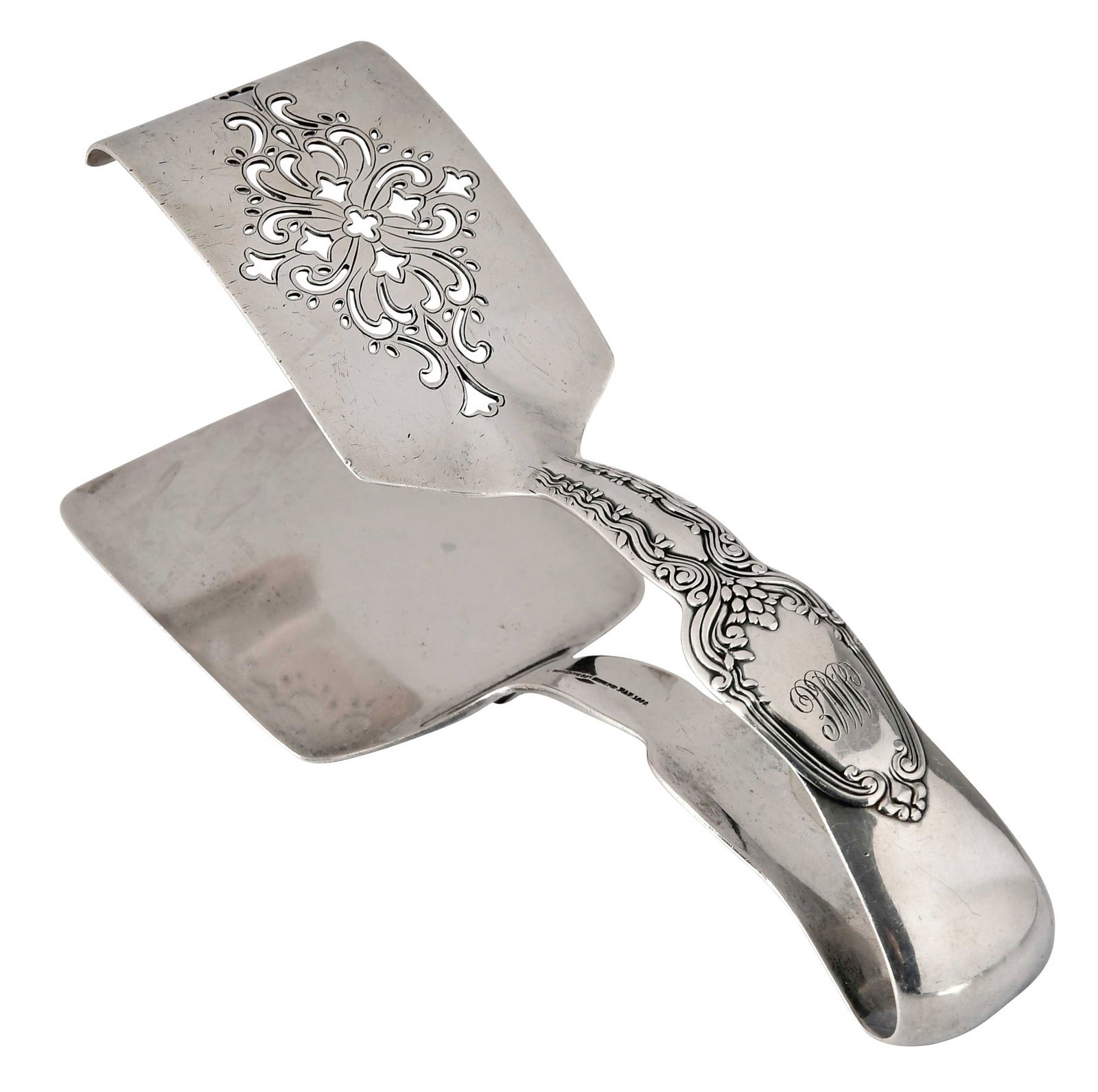 Tiffany Sterling Broom Corn Asparagus Tongs: American, 1907-1947, openwork blade, monogram, marks for Tiffany & Co., 6.43 oz. T., 8 in. Provenance: Anson Burlingame, Minister to China (1862-1867); by descent in family to his second great grandso