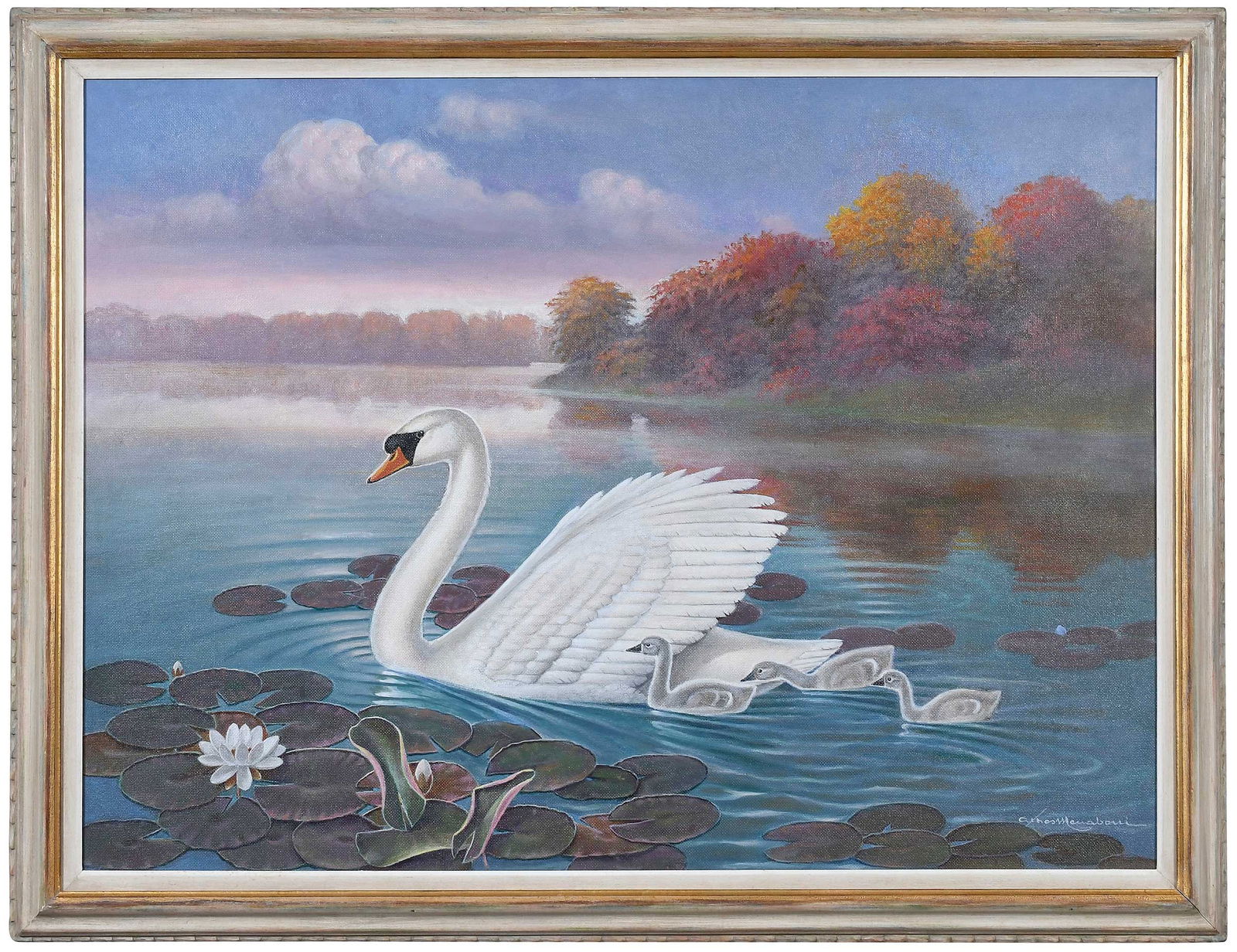 Athos Menaboni: (American/Georgia, 1895-1990)Mute Swan with her cygnets, signed lower right "Athos Menaboni", oil on Masonite, 33 x 45 in.; painted wood frame, 38-3/4 x 51 x 2 in.Provenance: Private Collection,