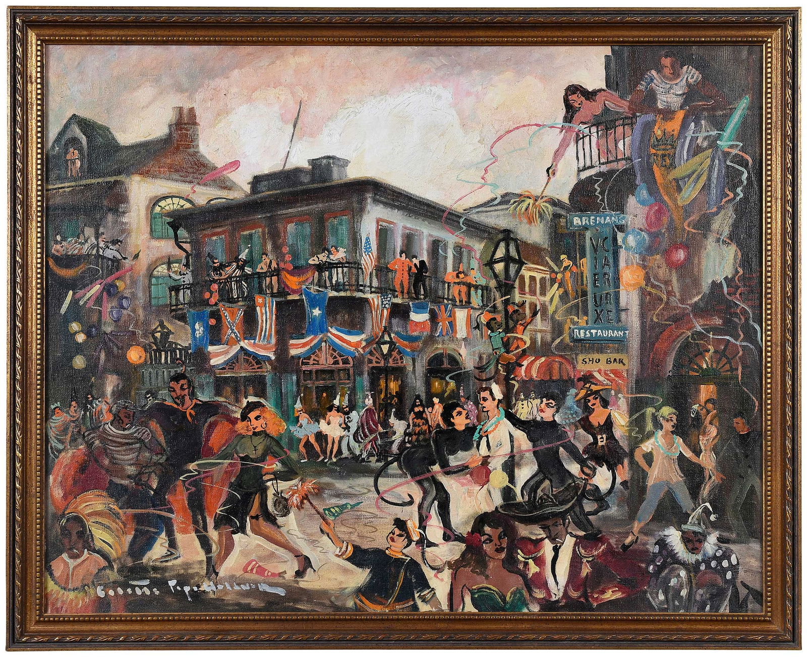 Collette Pope Heldner: (American/Louisiana,1902-1990)Mardi Gras, signed lower left "Colette Pope Heldner", inscribed verso "Mardi Gras (Old New Orleans) French Quarter by Colette Pope Heldner", oil on canvas, 24 x 30 in.;