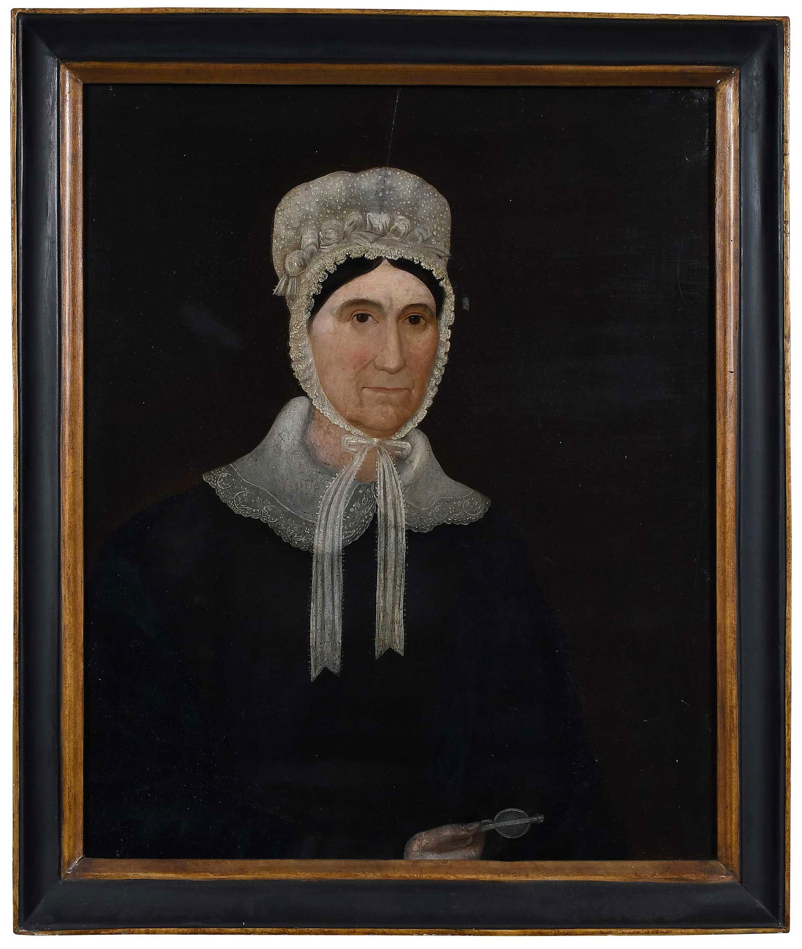 Folk Portrait Lady in Bonnet: (American, 19th century)Holding her Eyeglasses, unsigned, oil on cradled panel, 28-1/2 x 23 in.; period carved painted and gilt wood frame, 32 x 27 x 3-1/4 in.Provenance: Private Collection