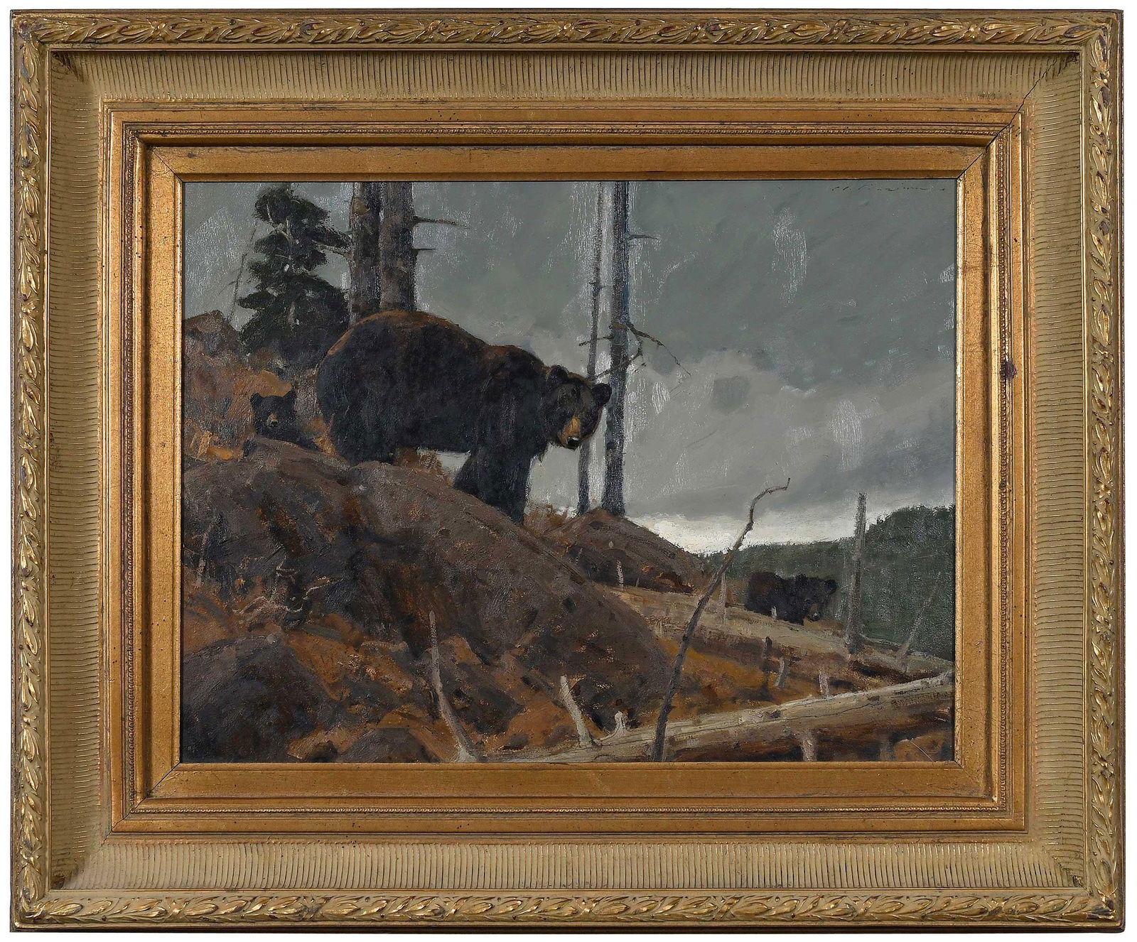 Luke Frazier: (American/Utah, born 1970)Under Watchful Eyes, 1997, signed upper right "L Frazier", inscribed lower left "97", signed, titled, and dated verso "Under Watchful Eyes/L. Frazier 97", oil on board, 18 x