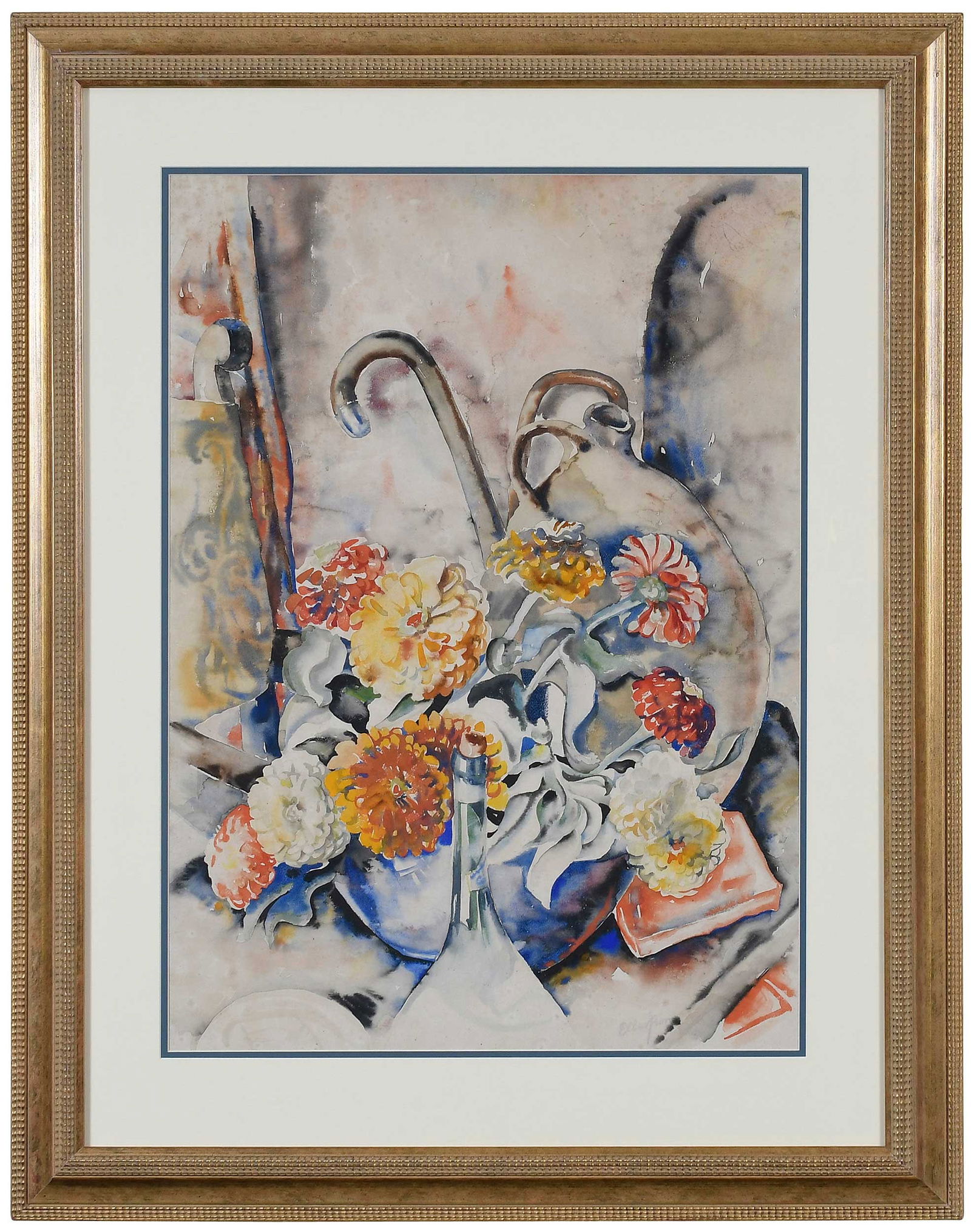 Homer Ellertson: (American/ Tryon, NC, 1892-1935)Still life with Zinnias, signed lower right "Ellertson", watercolor on paper, sight 29 x 20-1/2 in.; gilt wood frame, 40 x 31-1/4 x 2 in.Provenance: Private