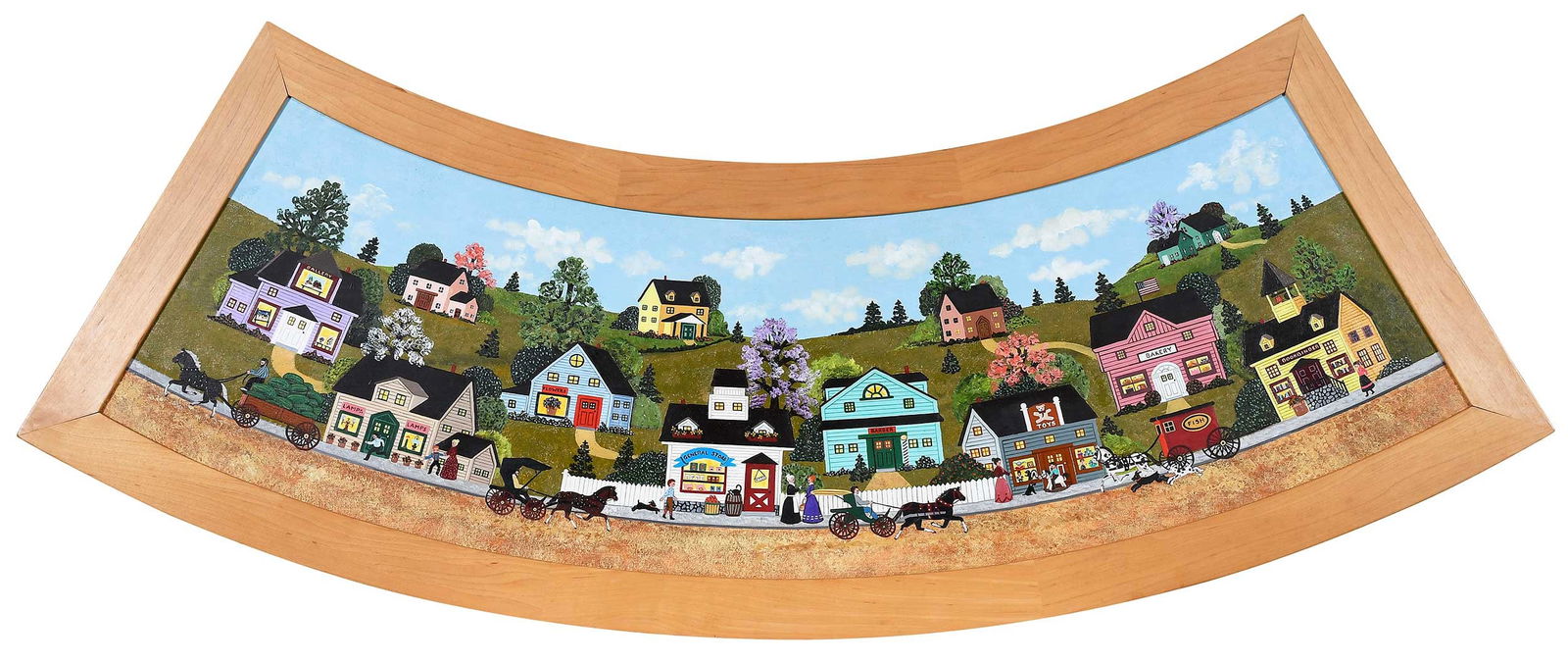 Jane Wooster Scott: (American, born 1933)Village Scene, a lampshade design, unsigned, labelled verso, oil on semi circular board, 11-1/4 x 41 in.; shaped wood frame, 15 x 46-1/4 x 1 in.Provenance: Franklin Mint,