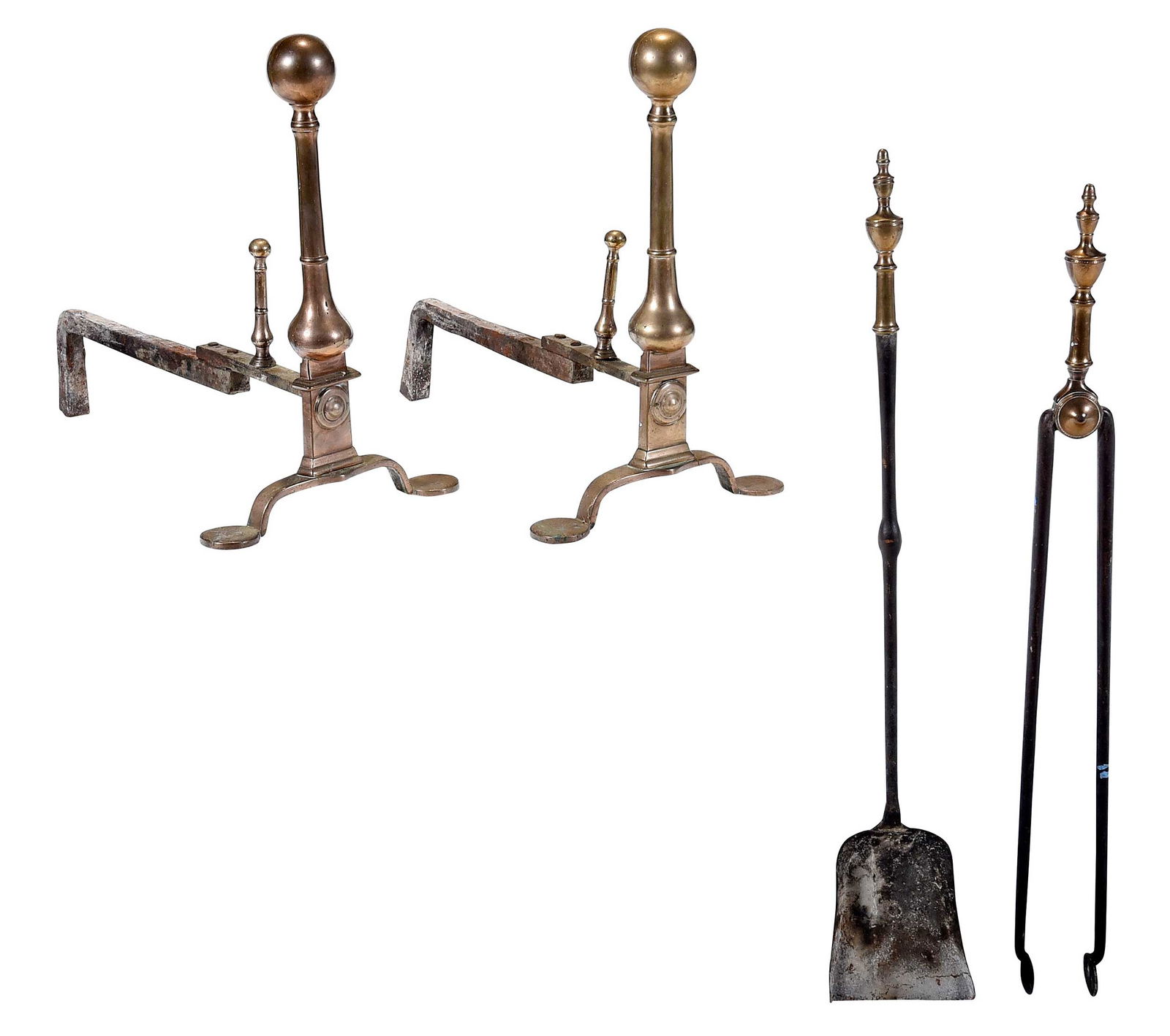 Pair of Federal Bell Metal Ball Top Andirons and Four Fireplace Accessories (1 of 5)