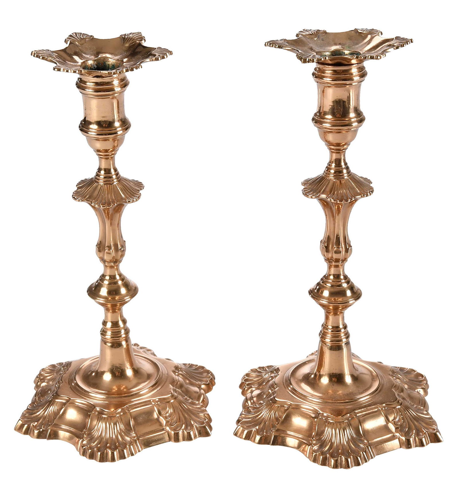 Fine Pair of English Bell Metal Shell Base Candlesticks (1 of 4)