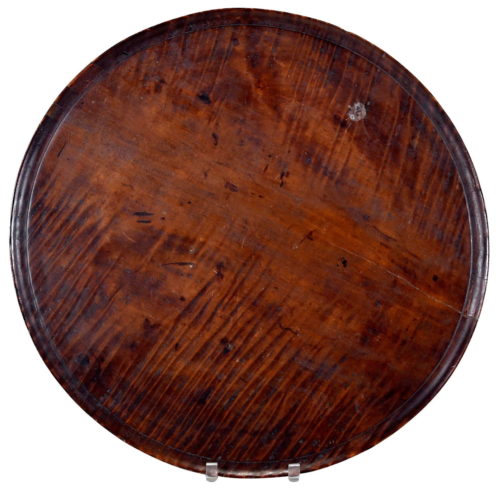 Very Rare American Turned and Figured Maple Dish Top Tray, Schorsch Provenance: probably New England, 18th century, single highly figured maple board "waiter", rare American form, 3/4 x 23 x 22-1/2 in. Provenance: Per consignor notes purchased from David Schorsch; Estate of Eliza
