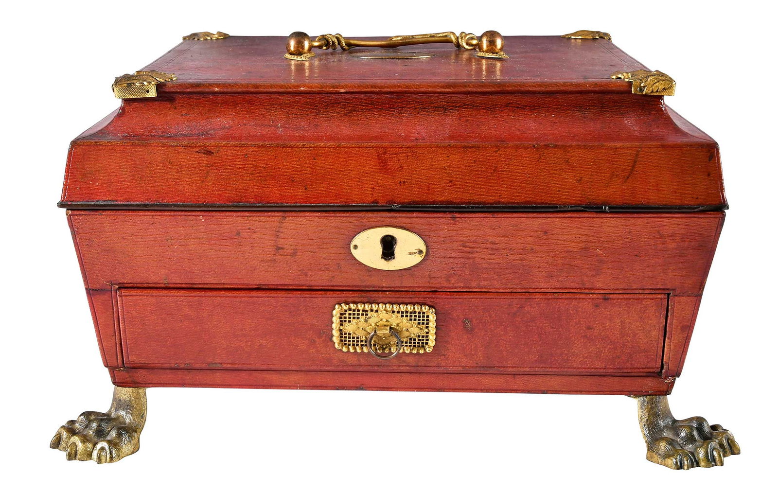 Regency Brass Mounted Leather Wrapped Sarcophagus Form Sewing Box (1 of 9)