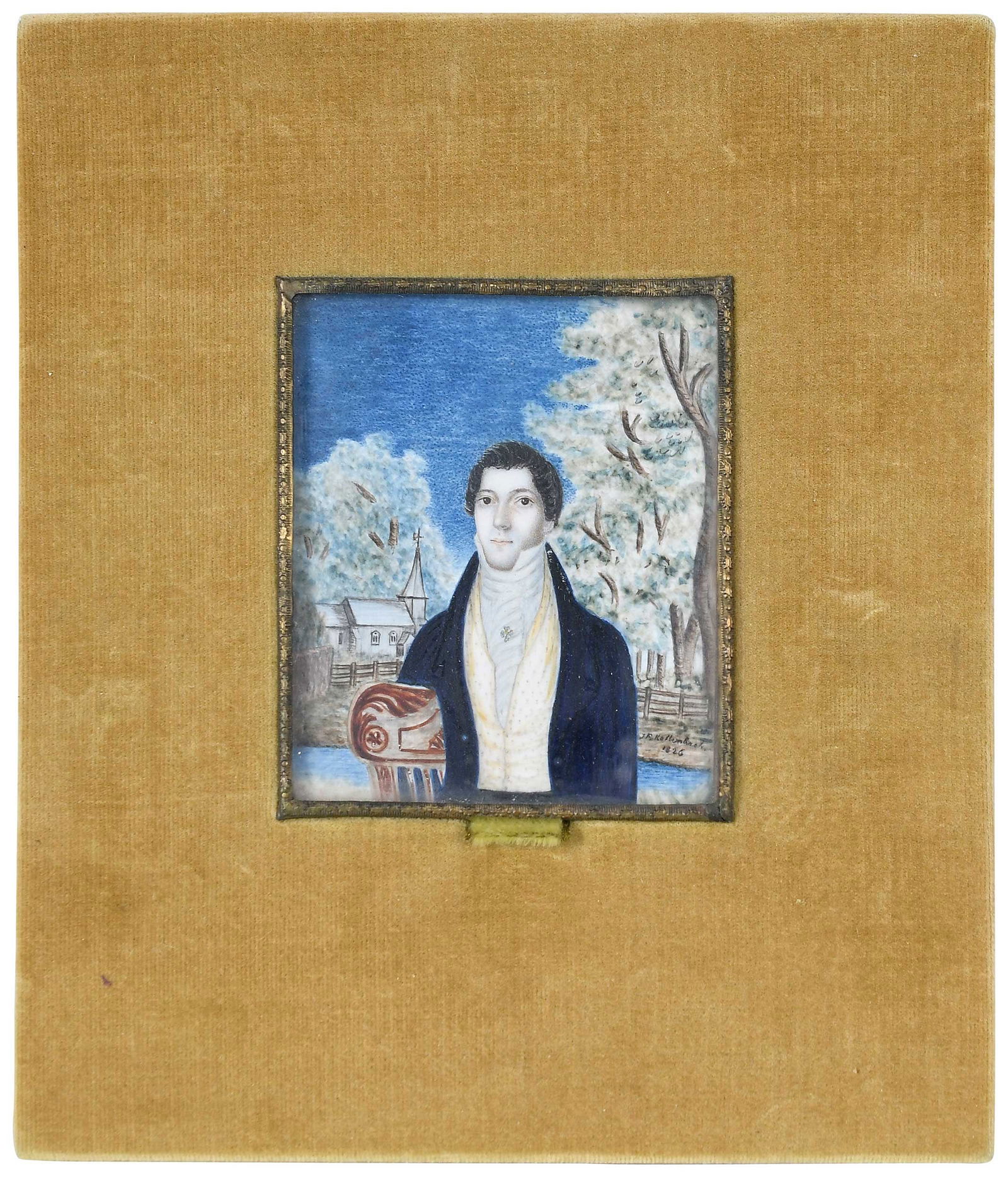 .F. Kallenbach Miniature: Portrait of Jon Van Meter, signed and dated lower right " J.F. Kallenbach 1826", watercolor on ivory, 3 x 2-1/2 in.; velvet easel frame with metal liner, 7 x 6 in. Provenance: Estate of Elizabeth Stva
