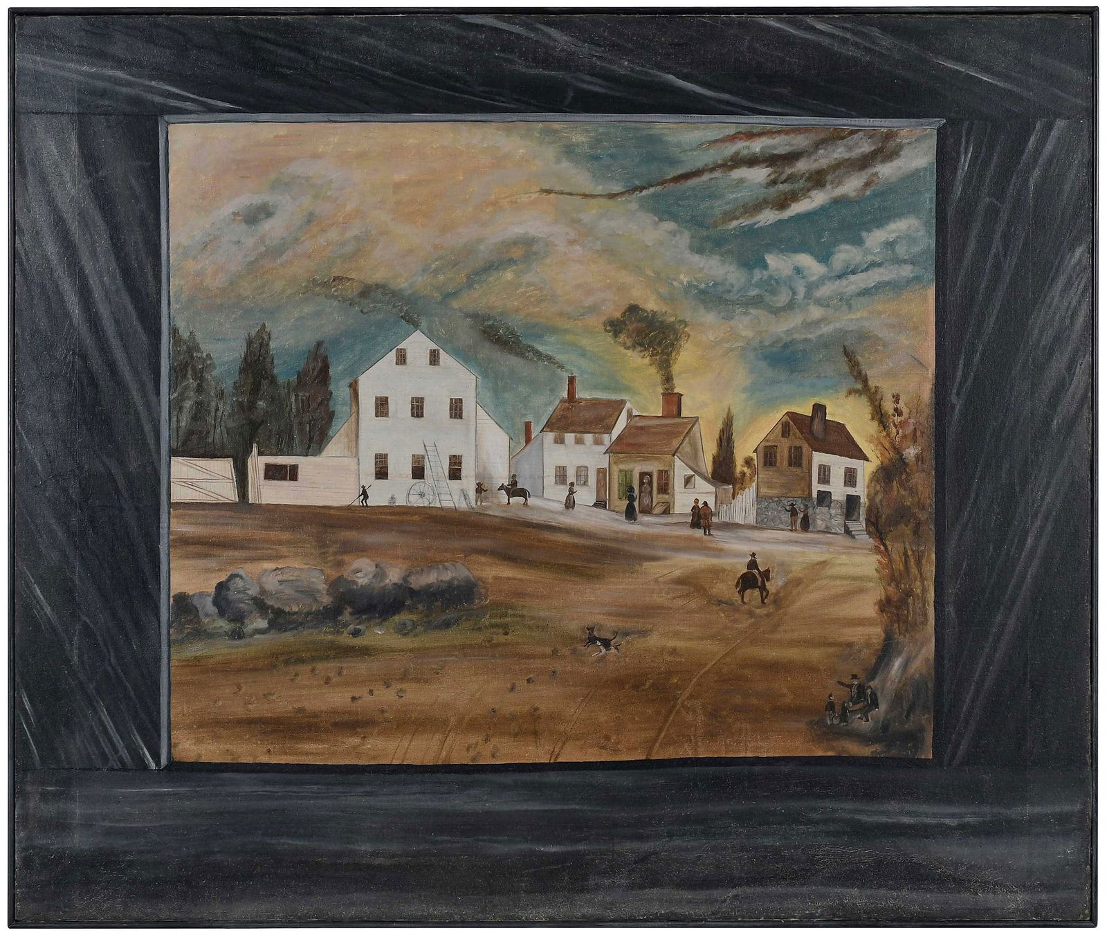Massachusetts Village Scene: (American, 19th century) Village Life, thought to be East Falmouth, Massachusetts, in a faux painted surround, unsigned, oil on canvas, 35 x 41-1/2 in.; painted black wood frame, 35-1/4 x 42 x 1-1/8 i