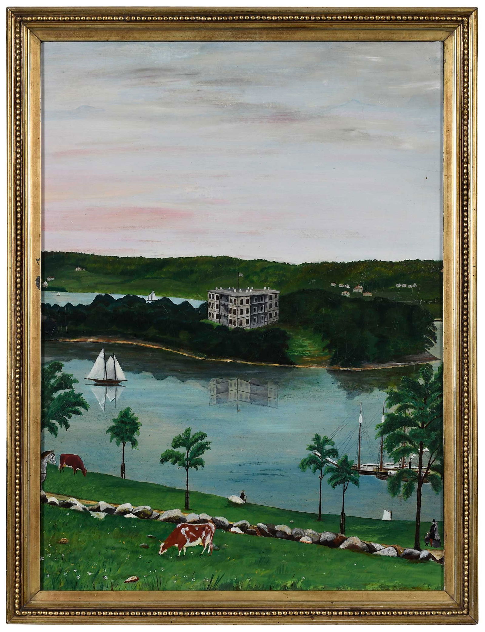 Folk Painting of West Point: (American, late 19th/early 20th century) unsigned, oil on board, 24-1/2 x 18 in.; modern gilt wood frame, carved liner only, 27 x 20-1/2 x 1in. Provenance: Estate of Elizabeth Stvan, Williamsburg, Vir