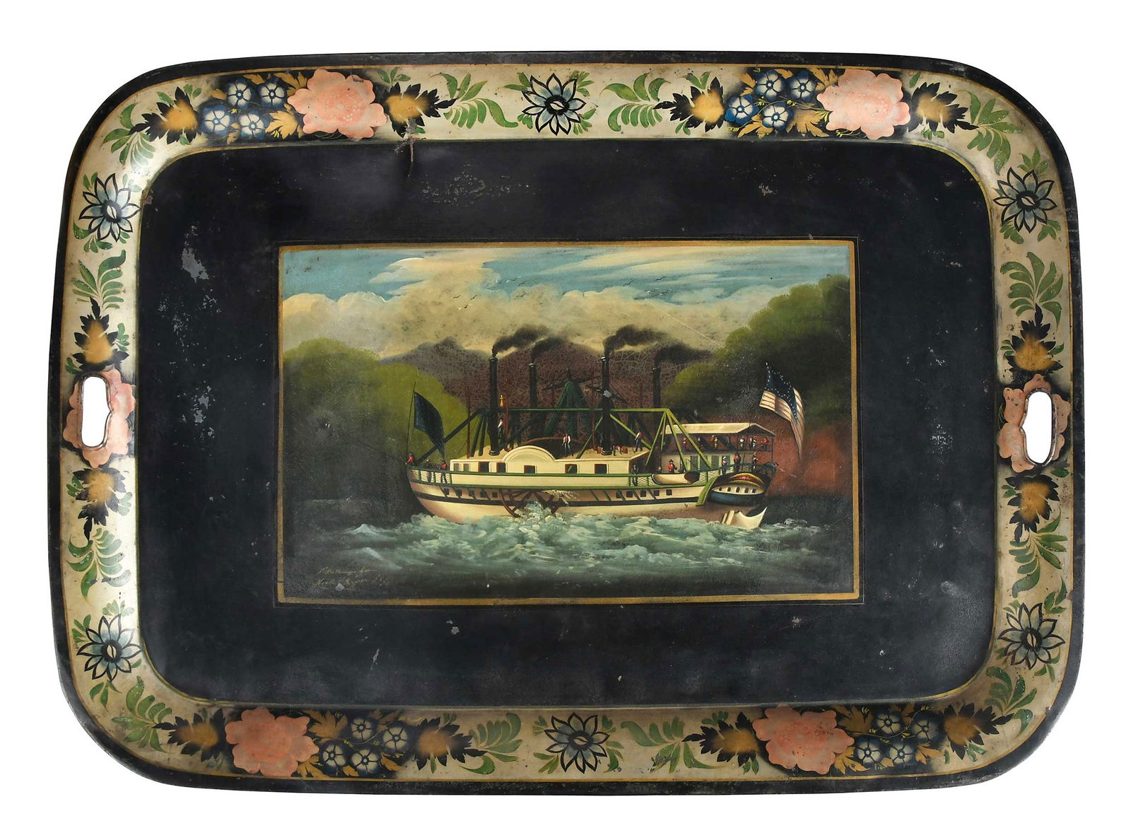 Large 19th Century Black Toleware Tray with Steamboat Scene: American, 19th century, titled at image lower left "S. Anthony's Nose / North River" (Easton, Pennsylvania), steamboat with American flag, 21-5/8 x 30-1/4 x 1/2 in. Provenance: Estate of Elizabeth Stv