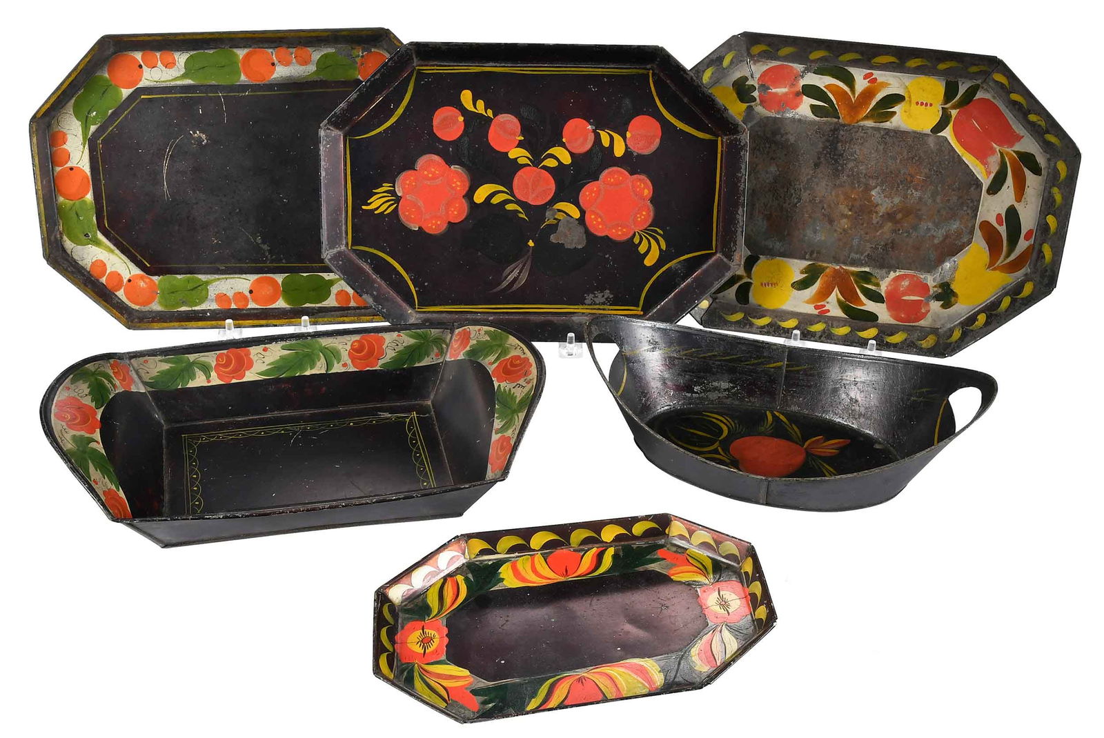 Six Paint Decorated Black Toleware Trays (1 of 6)