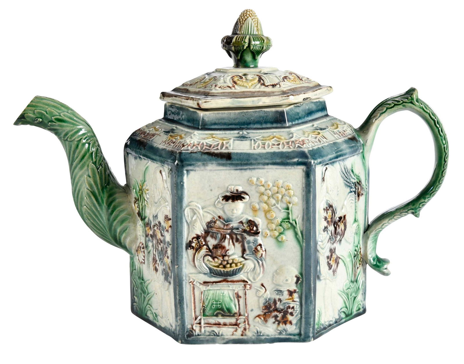Whieldon Type Hexagonal Teapot: 18th century, 9-3/8 x 6-1/2 x 4-3/8 in. Provenance: Zimmerman Collection (label), Estate of Elizabeth Stvan, Williamsburg, Virginia