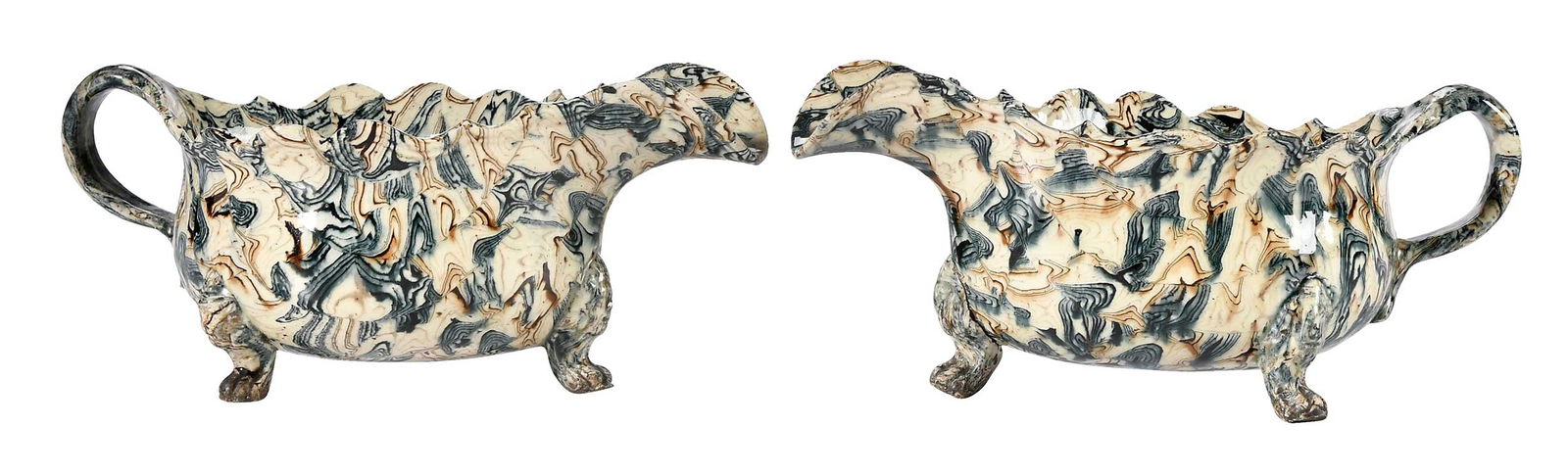 Pair of Staffordshire Agateware Footed Sauce Boats (1 of 9)