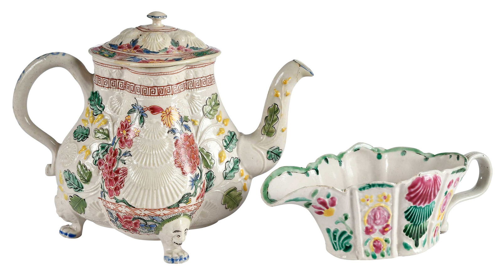 Staffordshire Salt Glazed Polychrome Teapot and Sauce Boat with Pecten Shell Motifs (1 of 11)