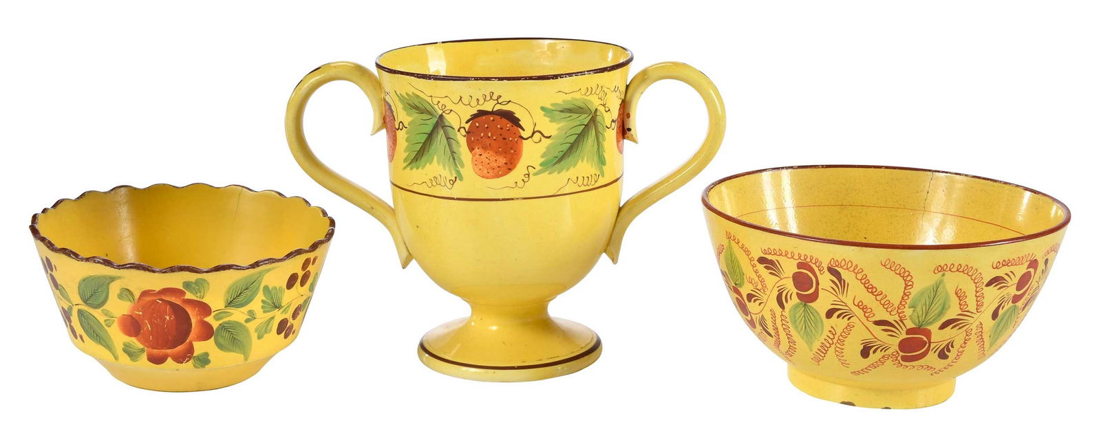 Three Staffordshire Yellow Ground Paint Decorated Dishes (1 of 7)
